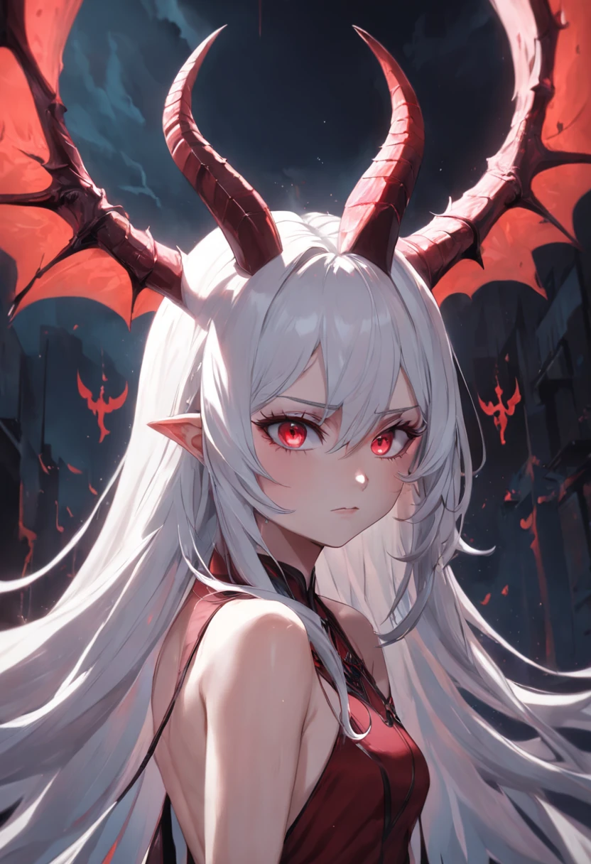 Chica joven, pale skinned with red eyes and horns. Smiling sweetly