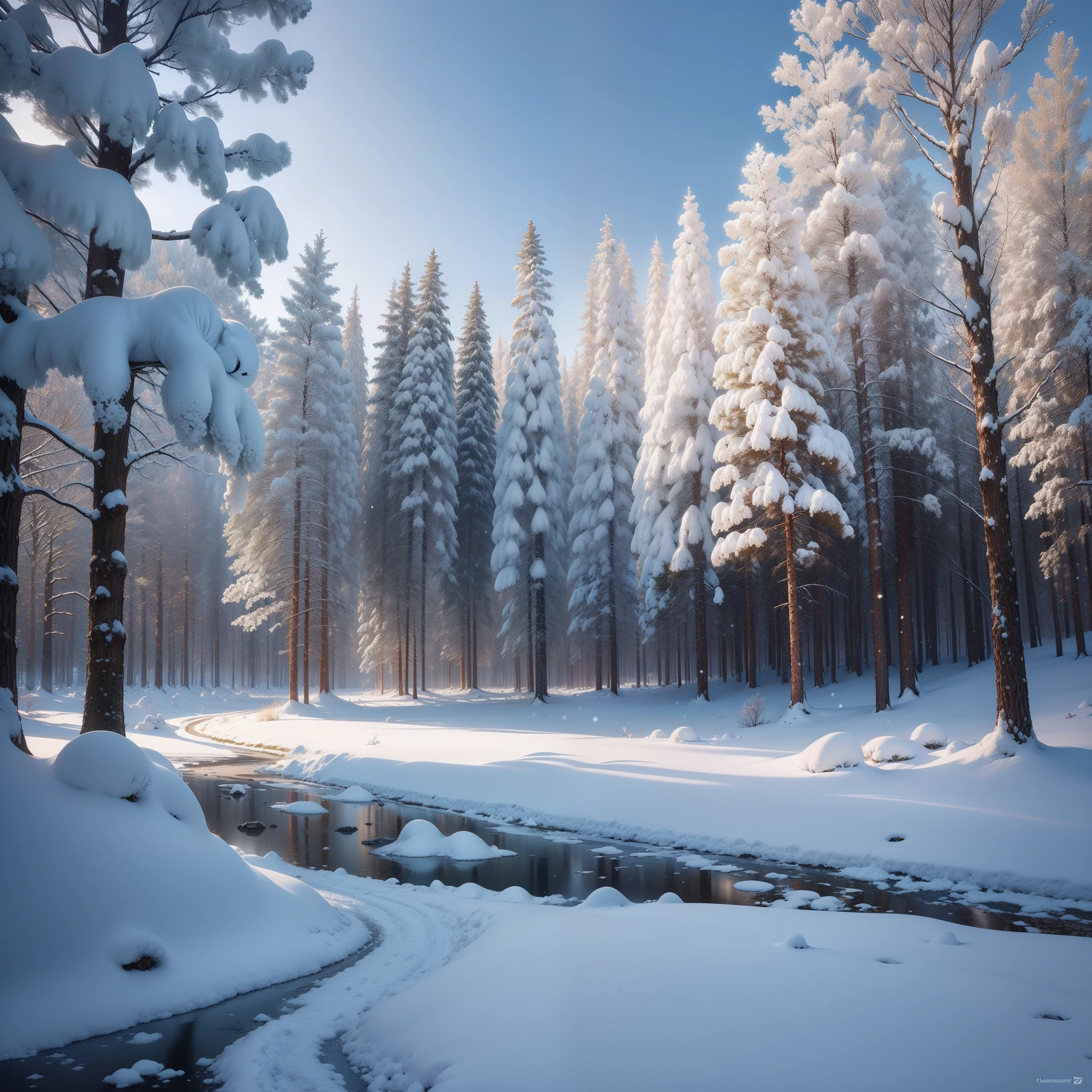 paisagem com neve e arvores estilo anime, arvores cobertas de neve, nevando, ceu lindo e claro alta qualidade