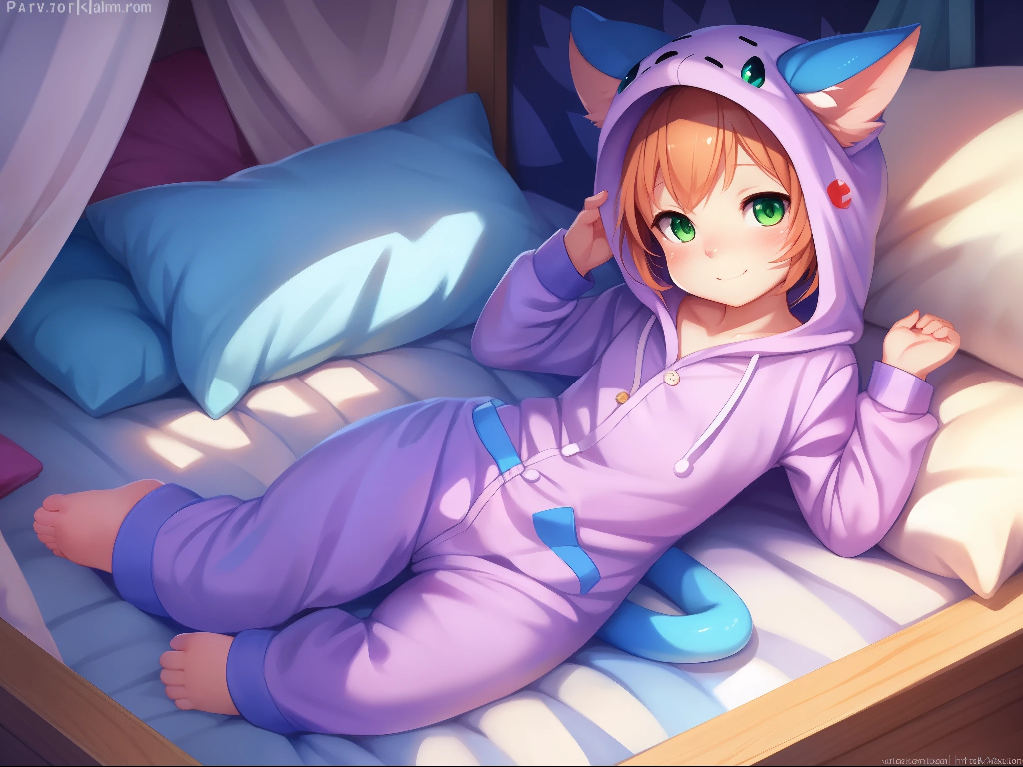 1boy, solo, blue kobold lies on (soft bed:1.2) in dressed in a animal costume, onesie, animal pyjamas, soft pyjamas. green eyes, white tummy, smooth skin, detailed skin, warm, cute, playful, soft, adorable digital painting, cute detailed digital art, wlop and sakimichan, trending on artstation pixiv, digital art on pixiv, guweiz on pixiv artstation, made with anime painter studio