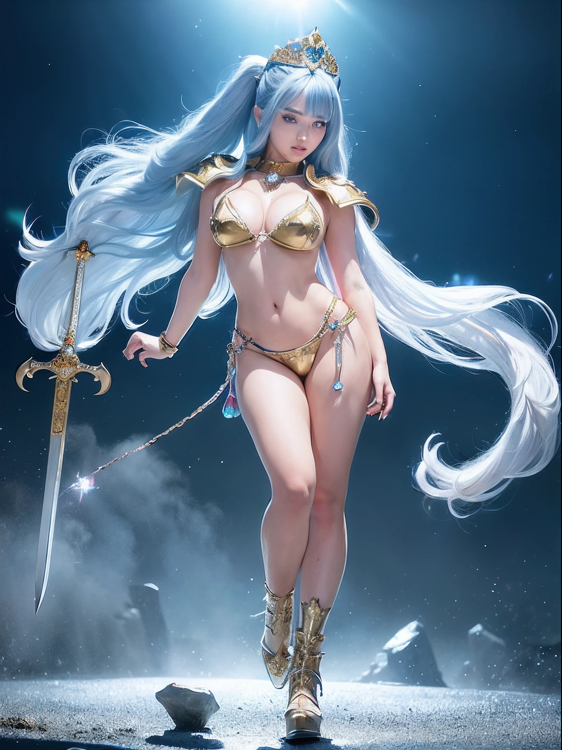 (masterpiece), Professional , masterpiece、top-quality、photo realistic , depth of fields (Gemstone White Metal Body:1.9),(Jewel Gold Weapon、(School background)、(ultimate beauty girl)、Particles of light、 Hold two handed Sword of the Brave , blue boot with heels), (blue hair) ,warhammer 40k , Mystical expression、cleavage of the breast、1girl、dynamic angle, (((Diamond tiara with detail and luxury)))、Powerful poses, 20 year old beautiful woman、Stand in the center of the screen、Straight long hair、(micro bikini with very short skirt)、Hair fluttering in the wind、face forward、Look at viewer、(full body)
