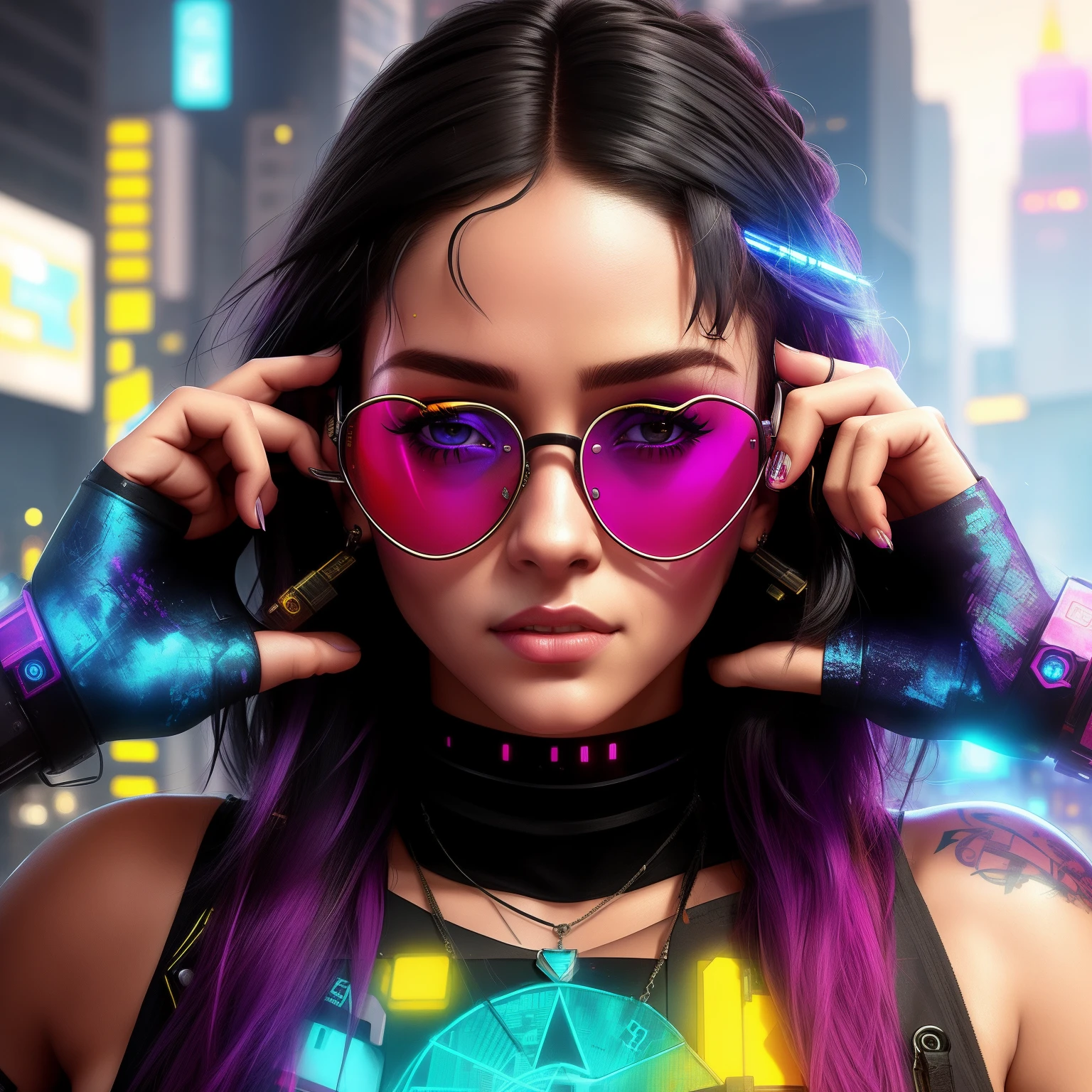 Rihanna dark skin, beautiful, 20 years old, DJ headset, long black straight hair, big breasts and neckline top, perfect eyes, brunette, with eyes, doing remixes in a disco with lots of neon colored lights