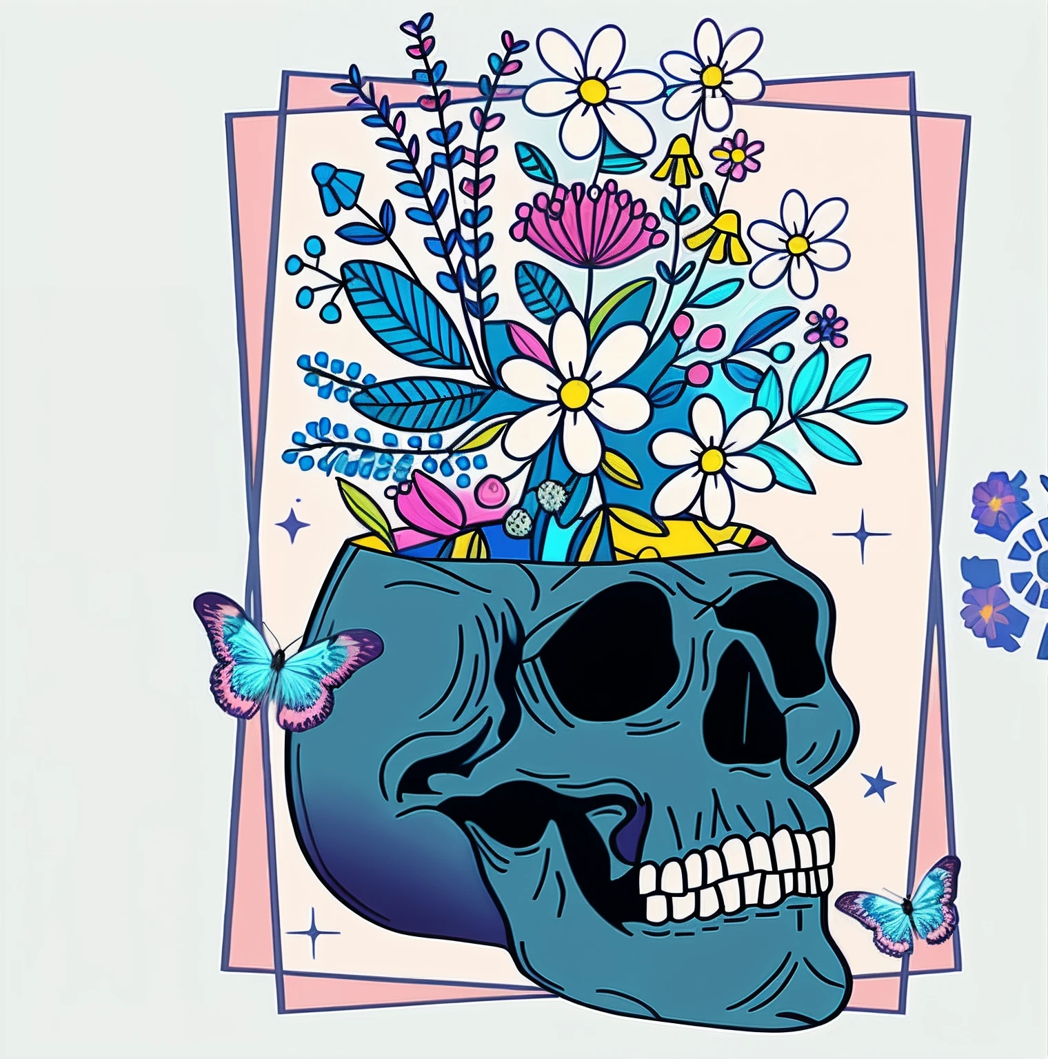 drawing of a skull with pastel flowers growing out of the head, detailed art in color, full color digital illustration, in style of digital illustration, stylized linework, solid white background.