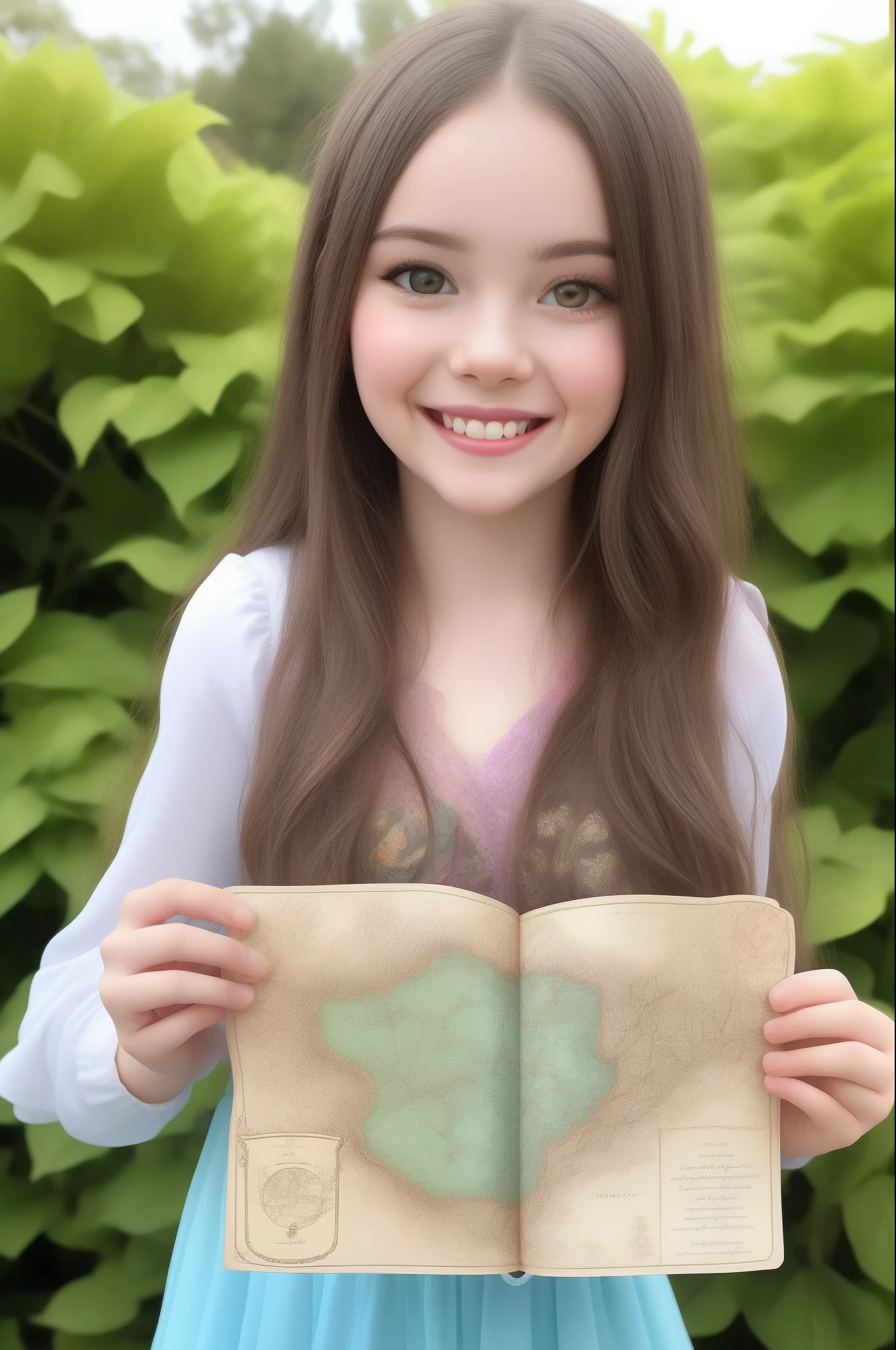 Imagem: Bianca, uma garotinha com olhos curiosos e um sorriso brilhante, holding a magical map found on a flower in a colorful garden.