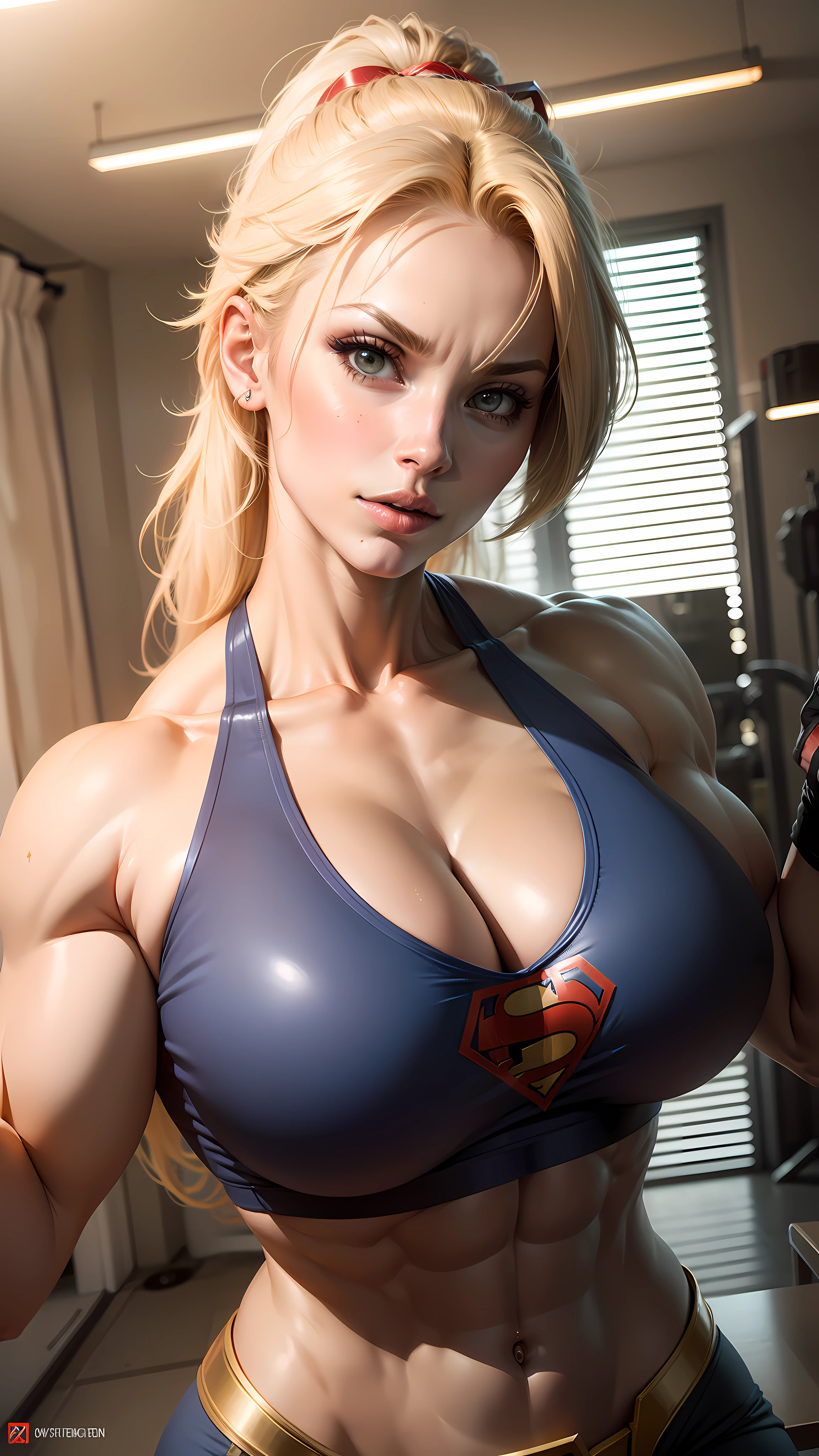 Superwoman, female bodybuilder, huge breasts, large butt, strong biceps, strong abs, hyper muscular, heroine suit, pov she is holding you, Amouranth