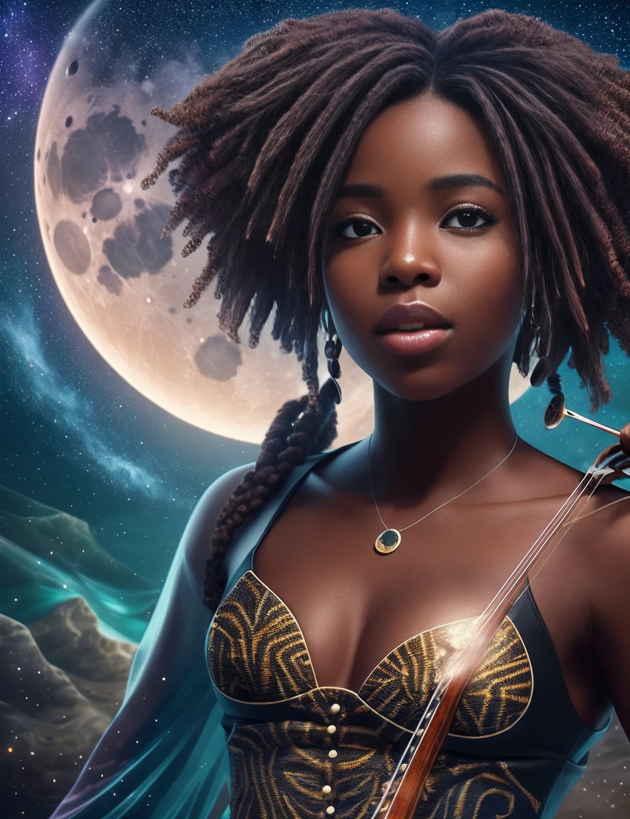 Beautiful black girl playing violin dressed in African design clothes, in between a sea crashing with an exploding moon covered by stars luminating the scene, with iridescent light, highly detailed images, vibrant beautiful colours, photorealistic image, 8k, ultra HD, unreal engine rendered, cinematic lighting, artgerm style, --auto --s2