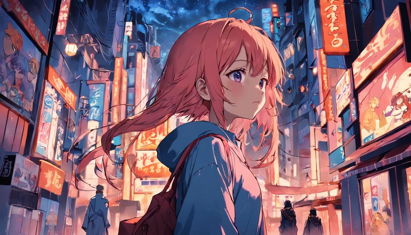 1 girl in the middle of a futuristic city, anime style, cyberpunk