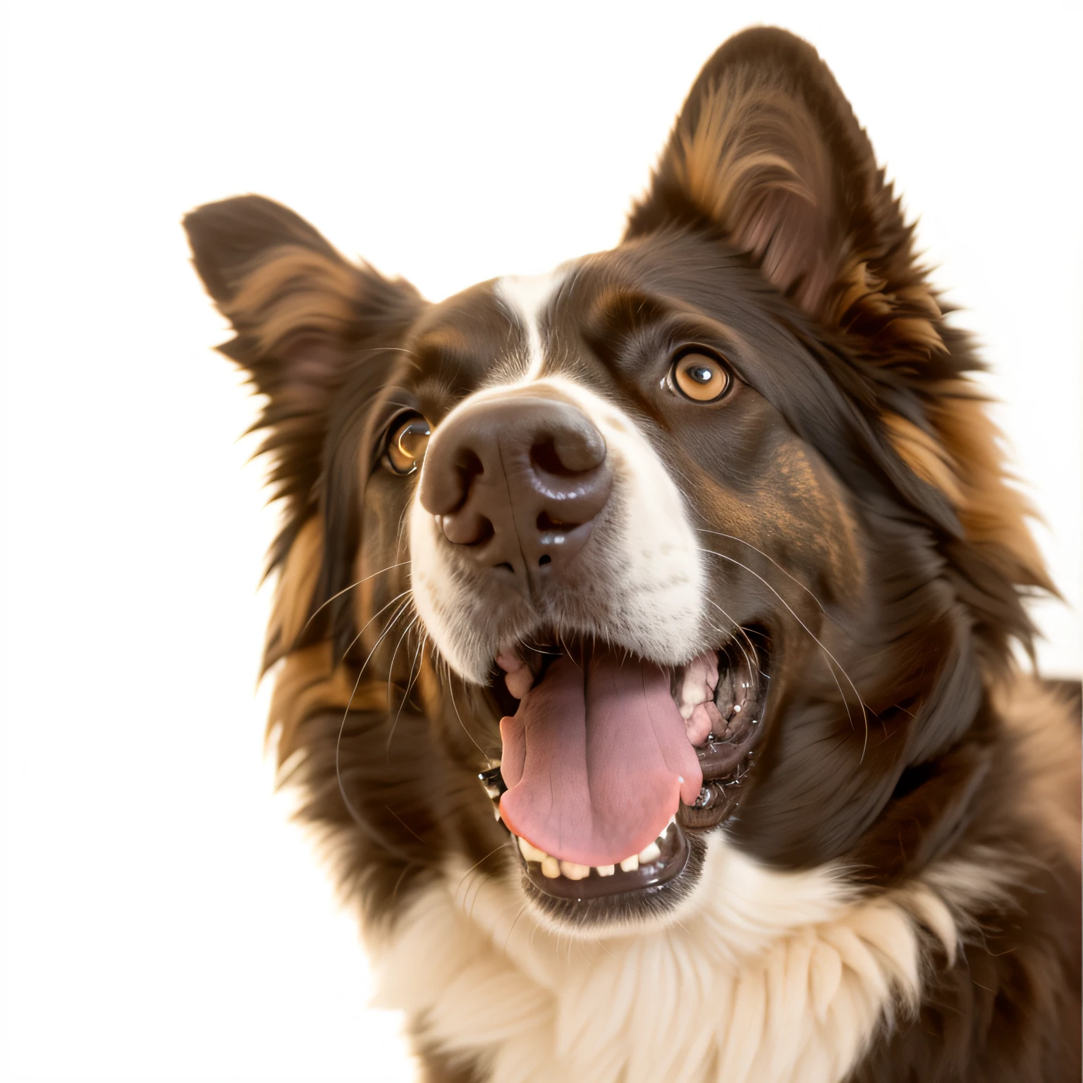 there is a dog that is looking up at the camera, happy dog, border collie, boca ligeiramente aberta, Aussie, adult dog, boca aberta, canino, em fundo claro, pet animal, feliz com a boca aberta, divertido, imagem com estilo de pintura, ultra realista