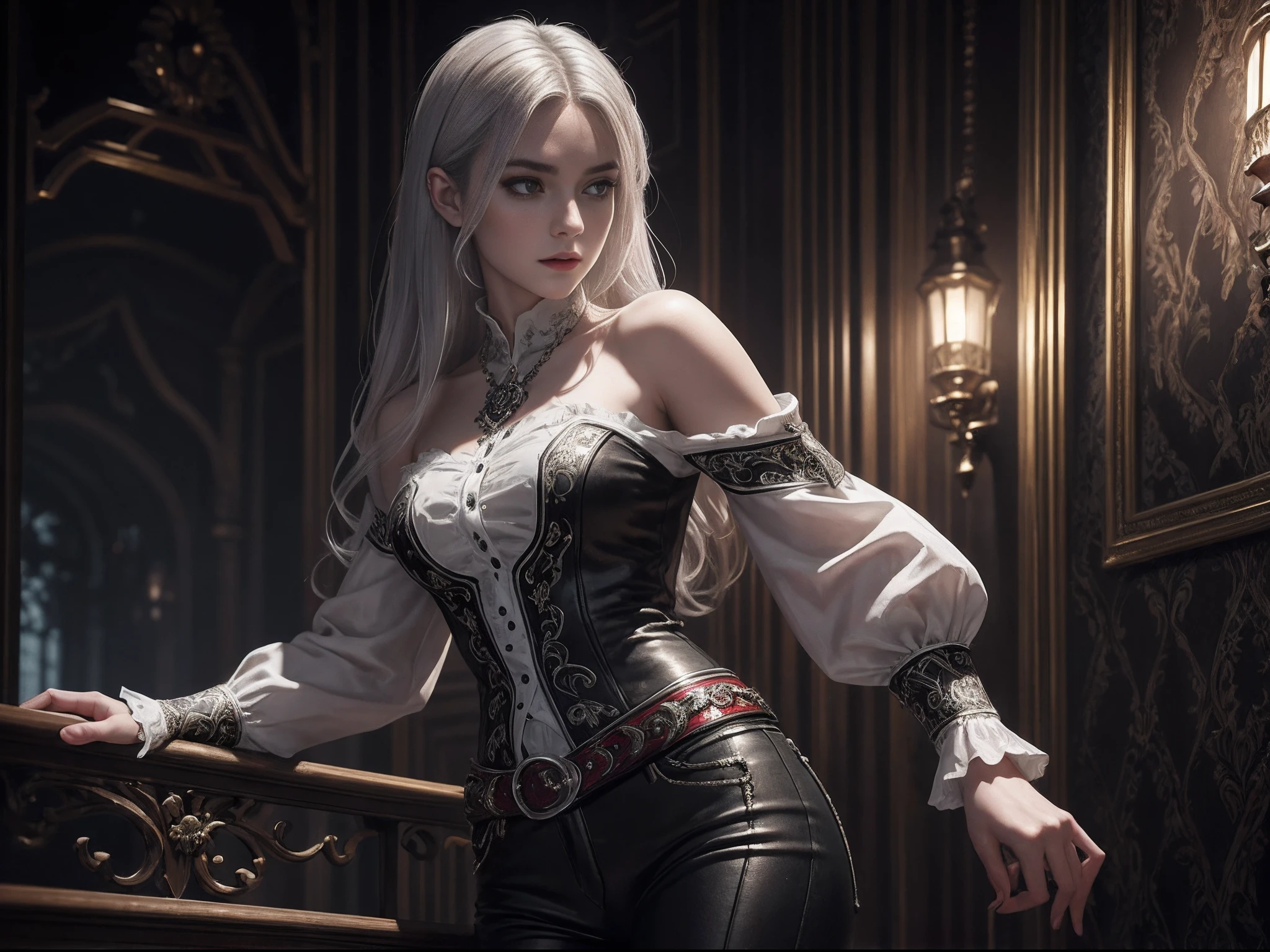 a beautiful 25 years old British female vampire royalty with shoulder-level silver hair, pale skin, wearing silver colored shirt with red ornate lining and black tight pants, view from front, ambient lighting, photo realism, intricate face detail, intricate hand details, highly detailed, vibrant colors, cinematic, high definition, trending on Artstation--style raw