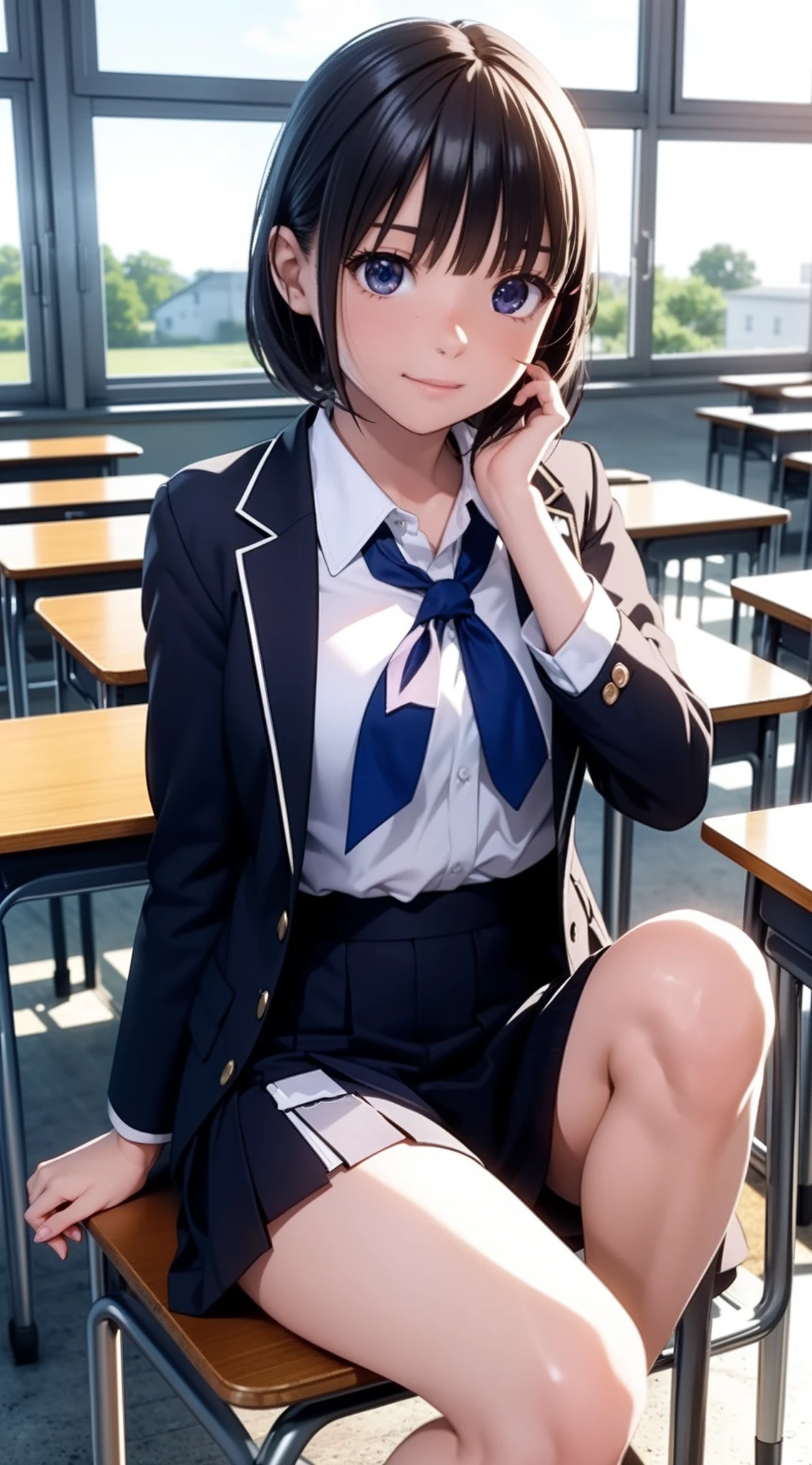 1人の女性、((3d anime))、kawaii、18year old、Bob Hair、Country life、Summer sky、Rural atmosphere、Random Poses、Random attire、Being in the classroom、Wearing a Japan uniform、(Dine with classmates)、Sitting in a seat、Multiple classmates、Open crotch、Open legs、opening legs