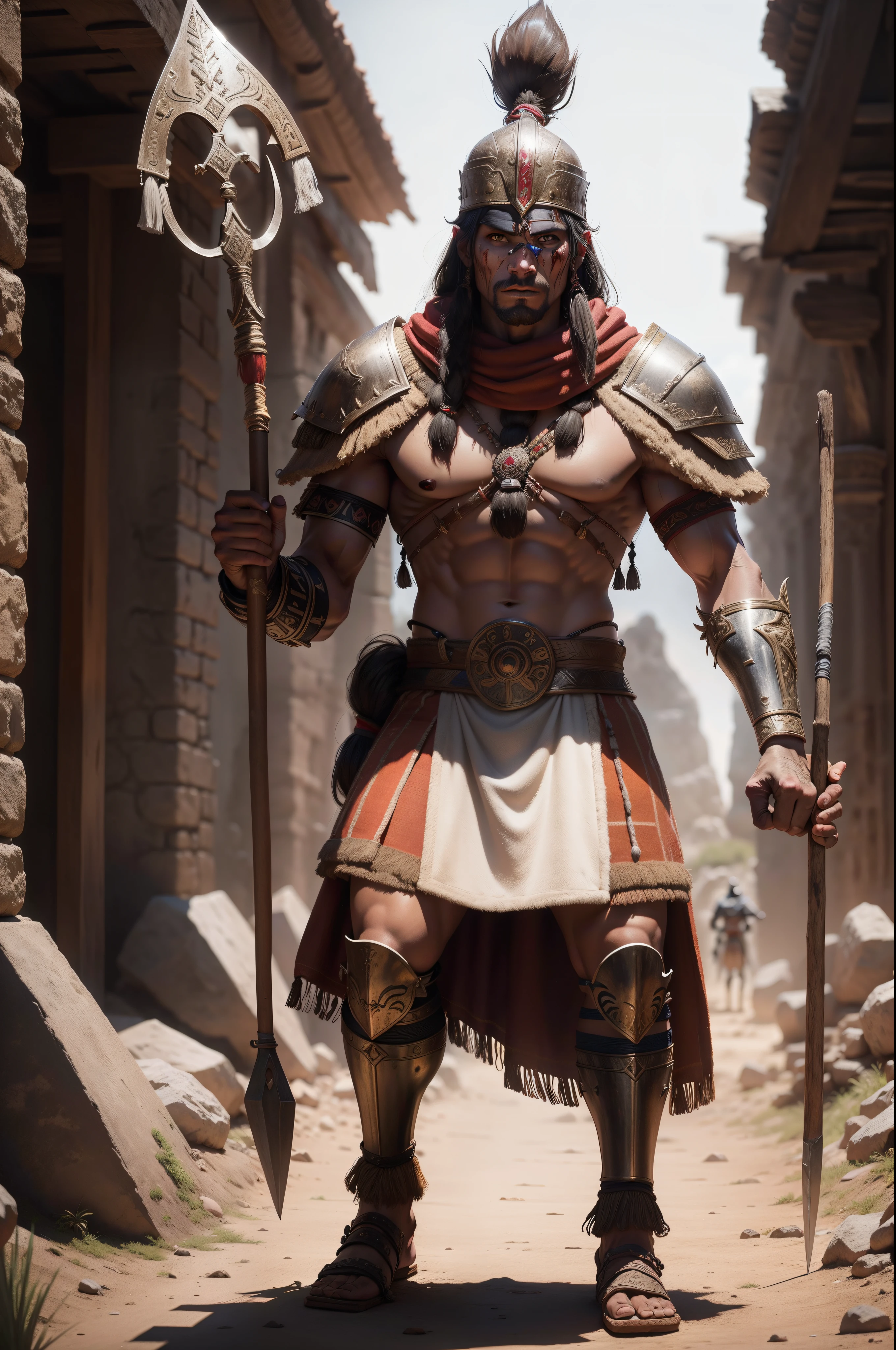 An full body skinny caucasian Inca warrior holding an Inca spear and wearing a dak souls style Inca armor, blood around, blood on the armor, scar on the warrior's face realistic, 8k, ultrarealistic,