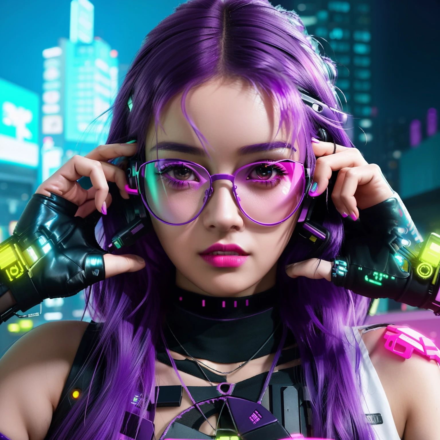 Cyber girl with purple hair and neon glasses in a city, dreamy cyberpunk girl, vibraciones cyberpunk, Ambiente cyberpunk, El retrato de la chica cyberpunk, Estilo de arte cyberpunk, Cyberpunk hermosa chica, Arte cyberpunk ultrarrealista 8K, Resplandor ciberpunk brillante, Estilo cyberpunk hiperrealista, cyberpunk 2 0 y. o Chica modelo, Chica cyberpunk, Chica de anime cyberpunk, cyberpunk artstyle, en estilo cyberpunk