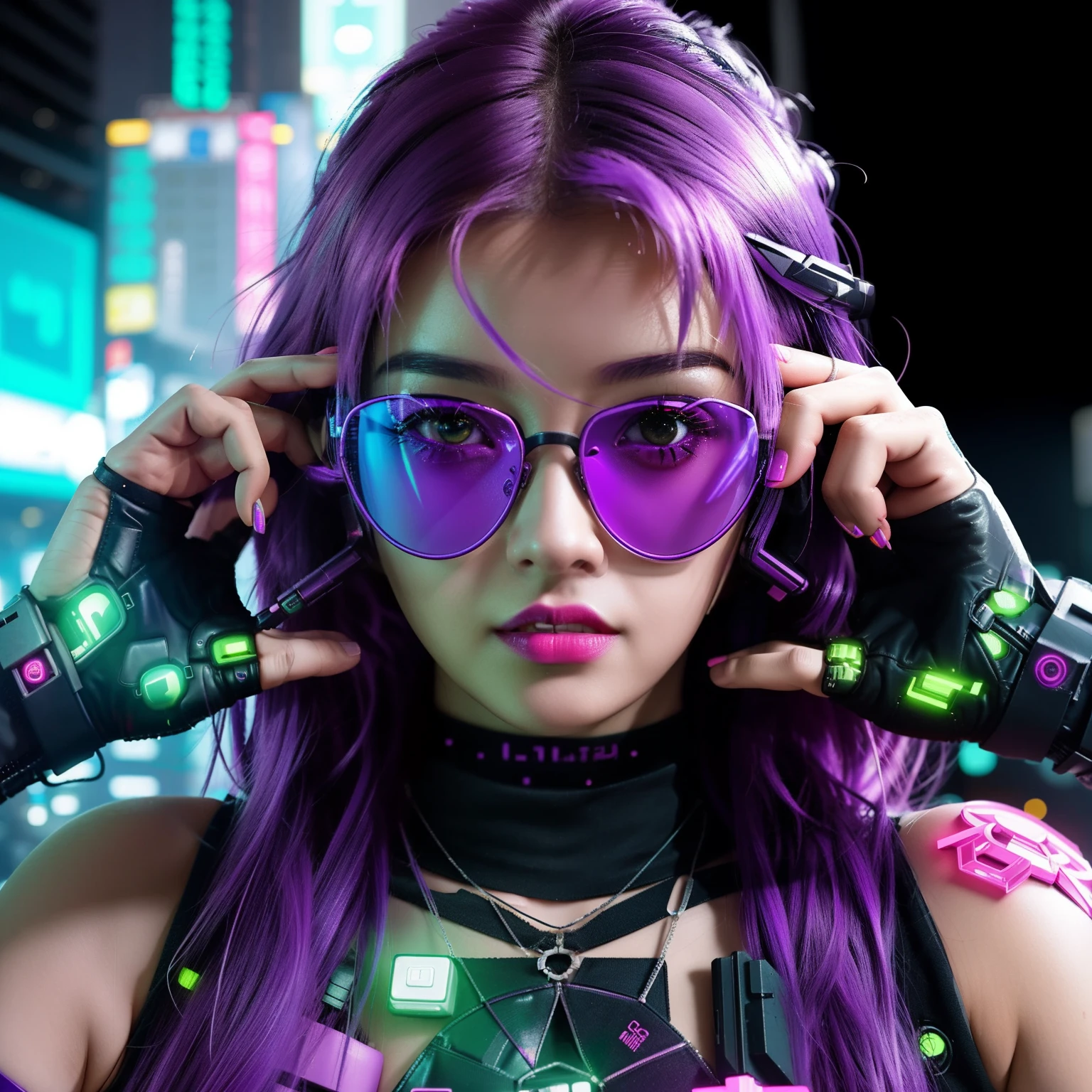 Cyber girl with purple hair and neon glasses in a city, dreamy cyberpunk girl, vibraciones cyberpunk, Ambiente cyberpunk, El retrato de la chica cyberpunk, Estilo de arte cyberpunk, Cyberpunk hermosa chica, Arte cyberpunk ultrarrealista 8K, Resplandor ciberpunk brillante, Estilo cyberpunk hiperrealista, cyberpunk 2 0 y. o Chica modelo, Chica cyberpunk, Chica de anime cyberpunk, cyberpunk artstyle, en estilo cyberpunk