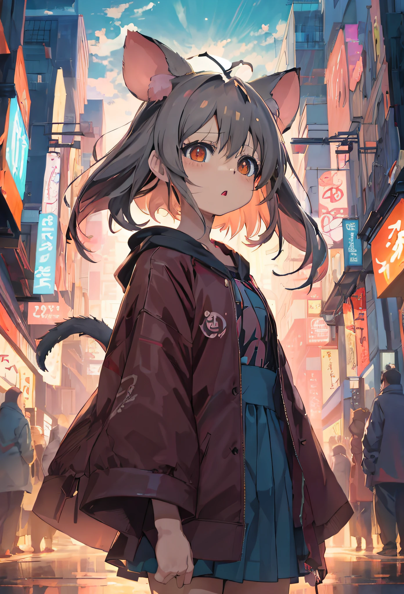 Anime girl with cat ears and red coat in tatami room, anime style 4 k, kawacy, Anime girl with cat ears, anime catgirl, Anime art wallpaper 8k, beautiful anime catgirl, cute anime catgirl, badass anime 8 K, anime art wallpaper 4k, anime art wallpaper 4k, guweiz, 4k anime wallpaper、 (8K, Raw photography, top-quality, ​masterpiece:1.2), (realisitic, Photorealsitic:1.37), ultra-detailliert, 1 rapariga, 独奏, cute little, Beautiful detailed sky,nigh sky