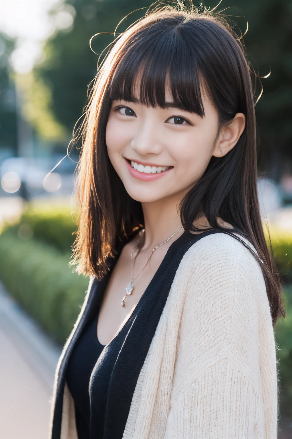 (realisitic、Photorealsitic、ultra-detailliert、Highest Details Skins、top-quality、​masterpiece、超A high resolution)、Cute Japan Woman、sixteen years old、hi-school girl、younggirl、Thin makeup、1 girl in、I have bangs、二重まぶた、drooing eyes、Large black eyes、Japanese style face、ssmile、Charming、purity、Cute smile、double tooth、Mole under the eyes、View here、Realistic skin type、Lighting from behind、thin clothes、a necklace、Winters、blurry backround