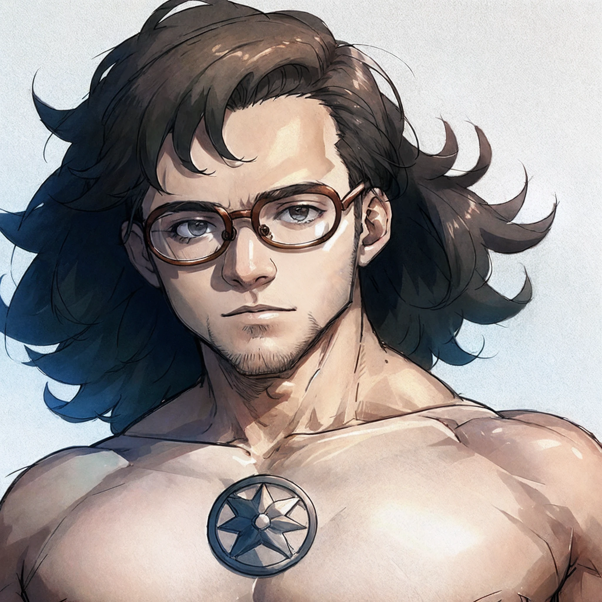 Drawing of a man with glasses and extremely muscular curly hair,full hd 4k ,ultra realista ,desenho colorido ,homem branco cabelo cacheado preto e olhos escuros,homem musculoso bonito ,queixo quadrado