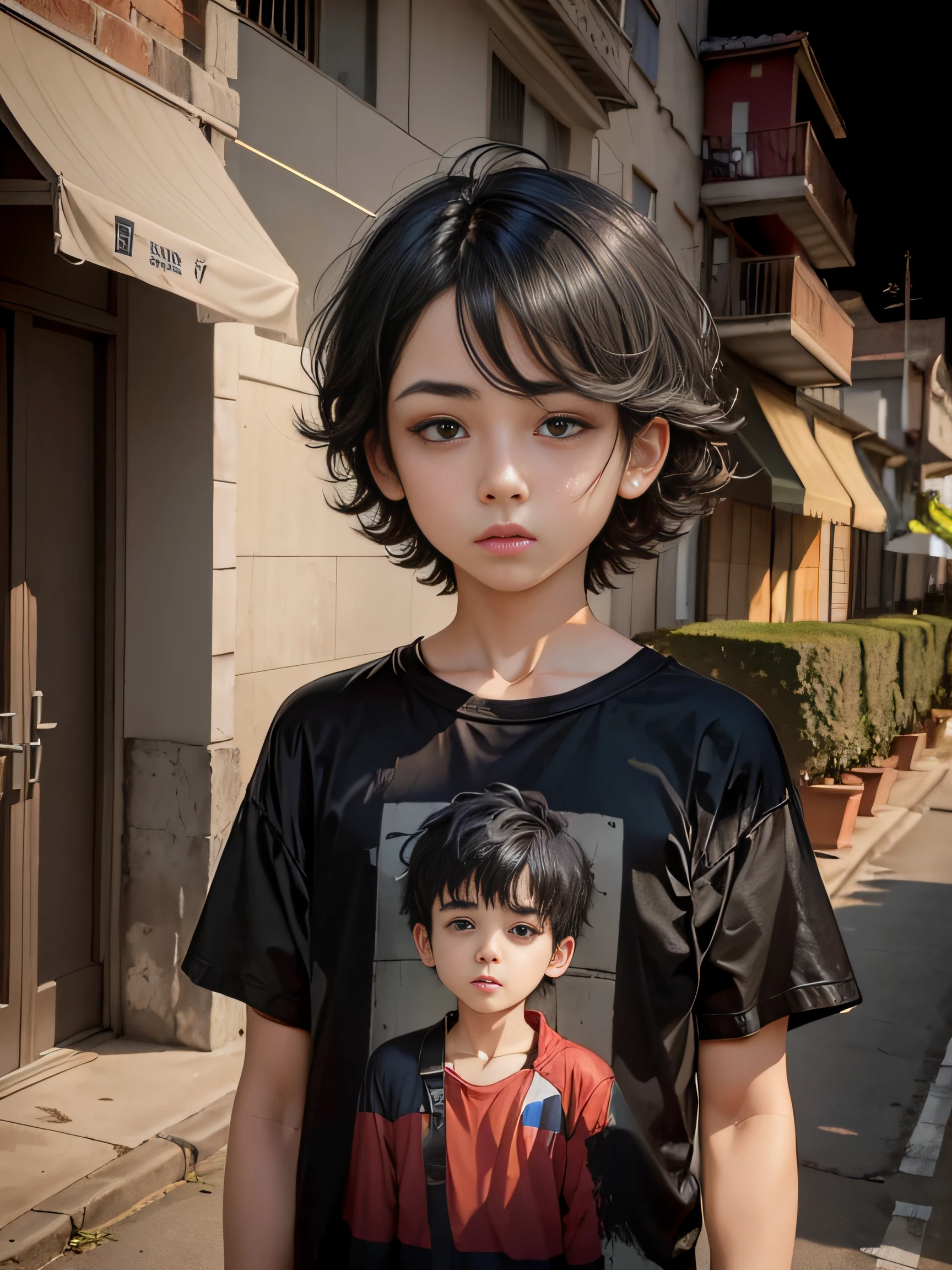 Small anime boy with black hair and black eyes standing in front of a building, majo, com estatura pequena e meio gordinho