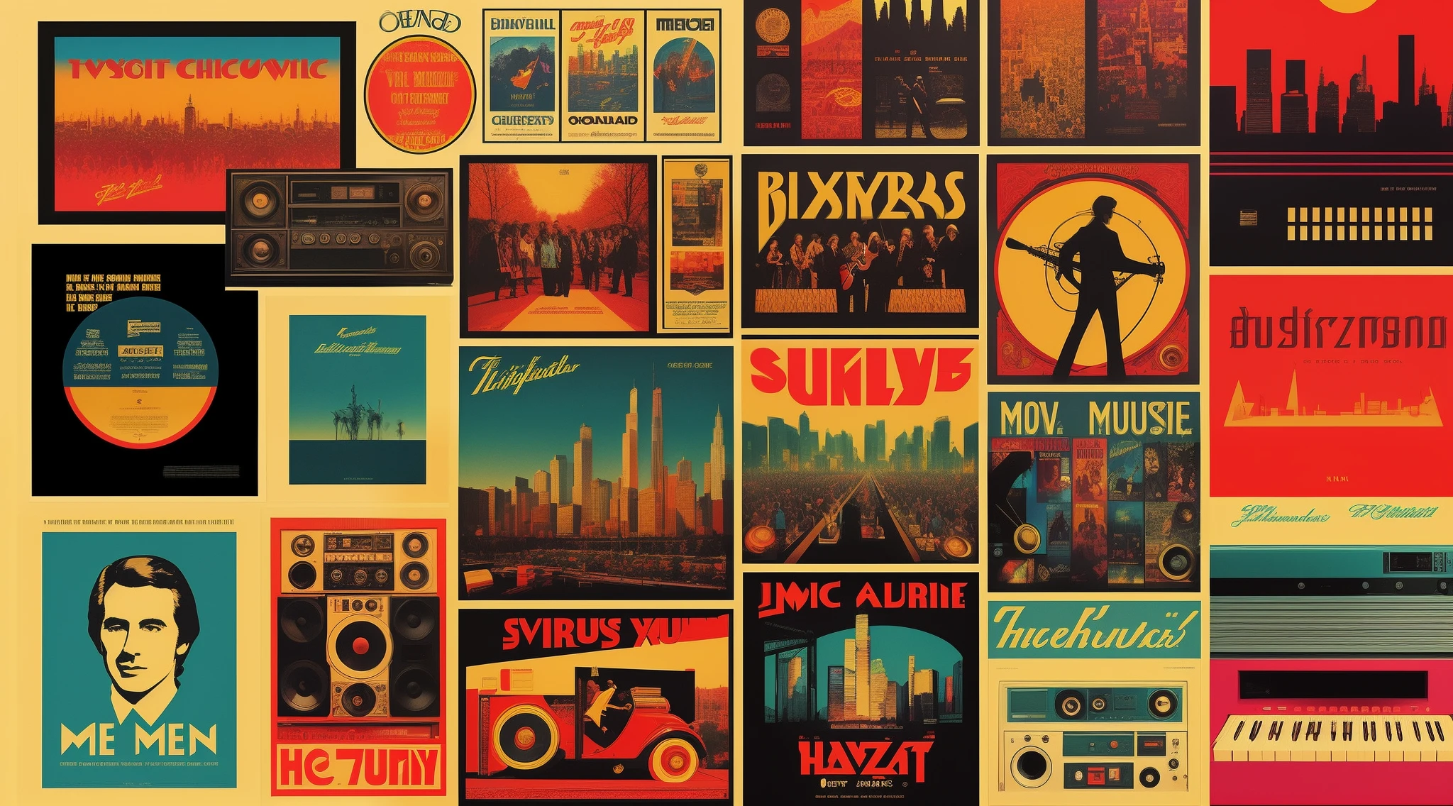 Photo collage in the spirit of music posters of the 70s, 80's , high detail, Stylish retro colors and characters