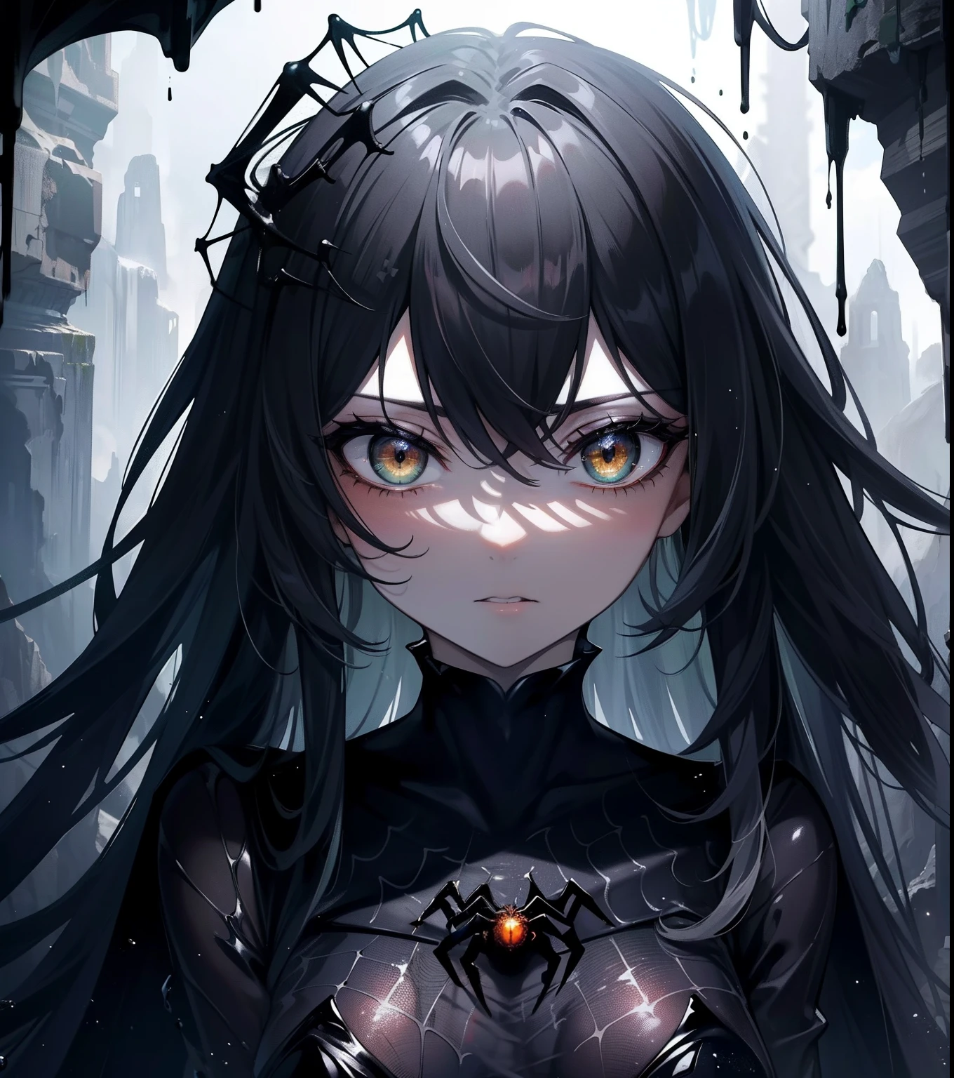 (Masterpiece, Best quality, ultra high resolution),1girl,black clothes, amber eyes, bright eyes,surrounded by spiderweb, (spider girl), beautiful and detailed face , detailed eyes,sitting on a rock in the middle of the dark cave,cloudy sky, fog, ocean,(gray and green theme),