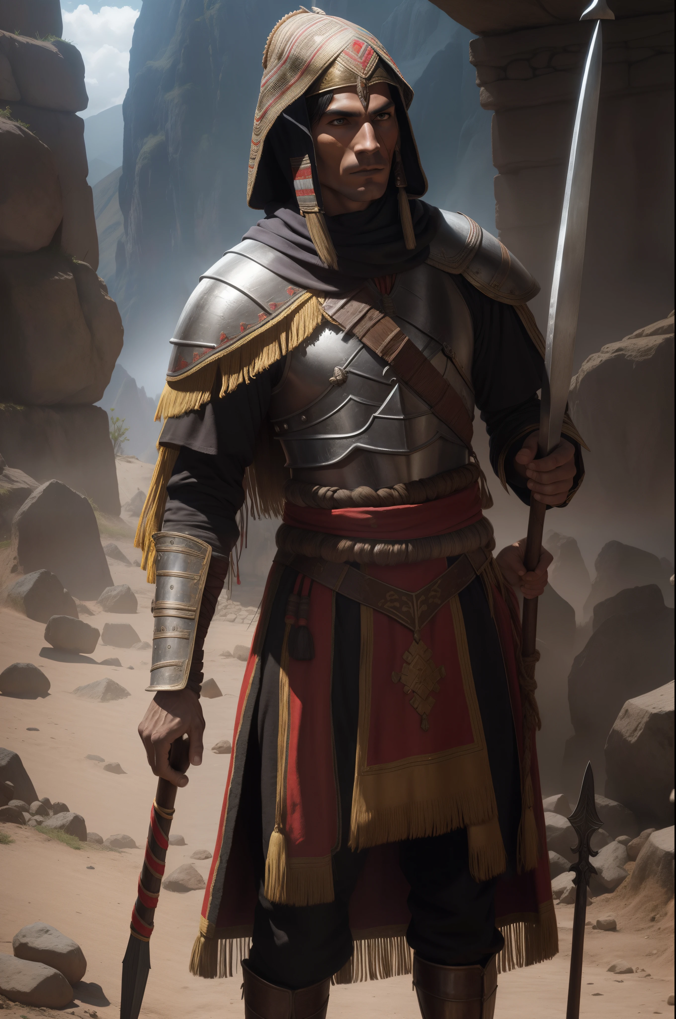 A skinny full-body Caucasian Inca warrior holding an Inca spear and wearing dark souls-style Inca armor, Sangue ao redor, sangue na armadura, cicatriz no rosto do guerreiro realista, 8k, ultrarrealista,