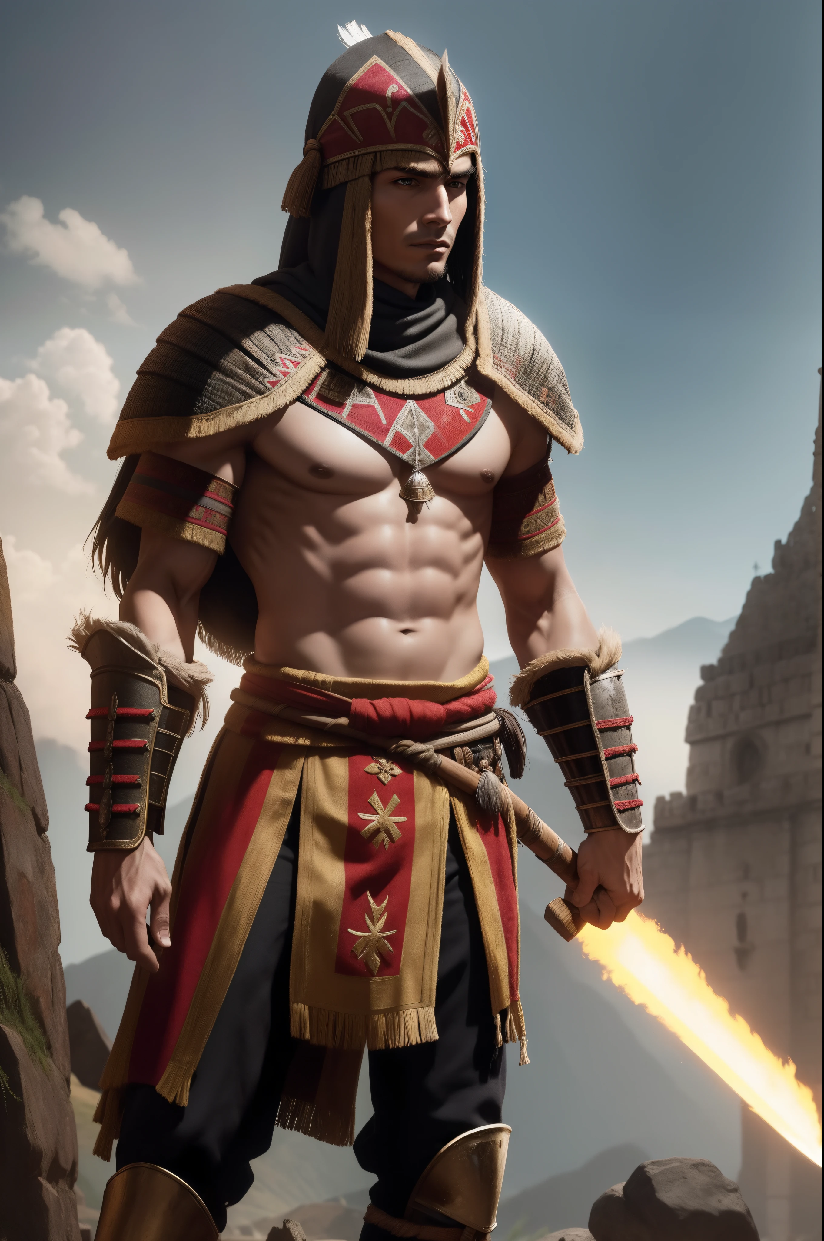 A skinny full-body Caucasian Inca warrior holding an Inca spear and wearing dark souls-style Inca armor, Sangue ao redor, sangue na armadura, cicatriz no rosto do guerreiro realista, 8k, ultrarrealista,