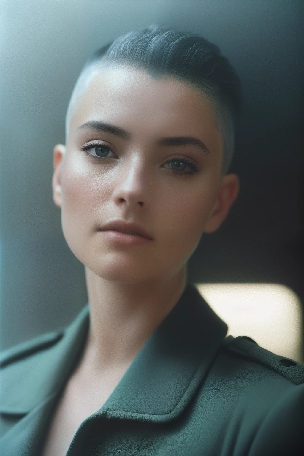 guard woman, vehicle_interior, gray buzzcut, by Yousuf Karsh, Jim Esposito, by Cornelis Anthonisz, Anne Nasmyth, Francisco de Burgos Mantilla, negative space, colorgraded, Cinematic film still, analog style, RAW photo, hyper real photo, ultrarealistic uhd faces, 8k uhd, dslr, soft lighting, high quality, film grain, Fujifilm XT3, photographed on a Plaubel Makina W67 Camera, 50mm lens, F/2.8, HDR, hyper-realistic, colorgraded, volumetric lighting, volumetric fog, moist, shallow depth of field, reflections, absurdres, fashion shot, psychedelic, Nintendo Game Boy Color palette