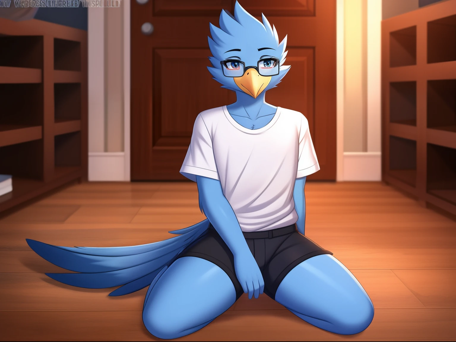 Berdly from Deltarune, 1boy, solo, male, avian, bird, blue body, blue feathers, feathery, blue skin, nerd, smug, glasses, white jacket, short sleeves, short sleeved jacket, black undershirt, undershirt, bed sheet, clothes lift, shirt lift, undershirt lift, dakimakura, full body, looking at viewer, lying, solo, on back, thick thighs, thigh gap, thighs, shorts, gray shorts