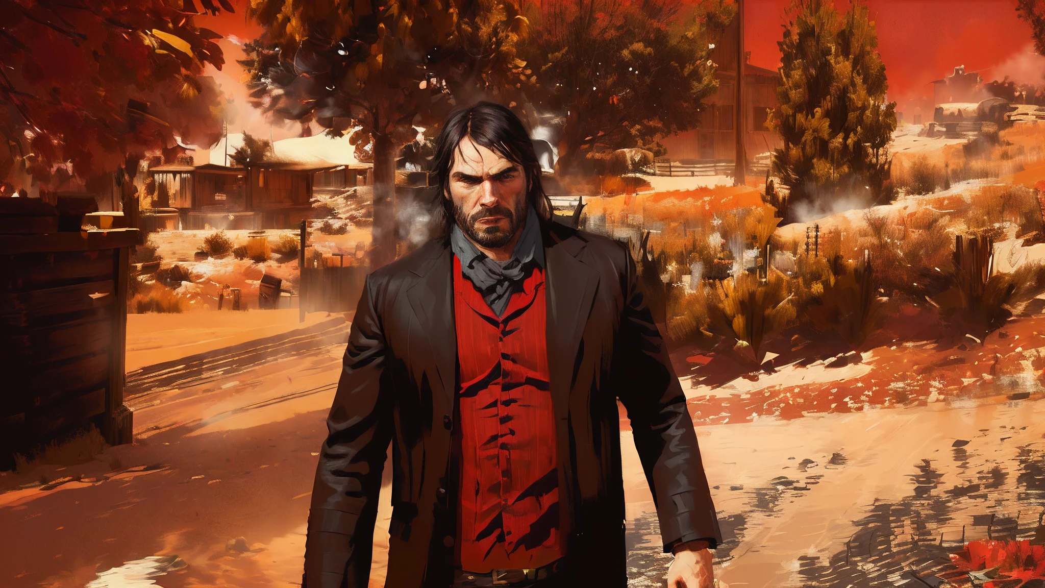 R3DD34Dstyle, digital portrait, John Marston, facial hair, patronage, red background