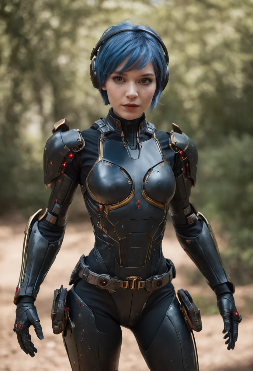 Beautiful biracial woman , extremely detailed full body, blue eyes, blue hair, wear BlueBeatle armor, in forest, giant BlueBeatle in background