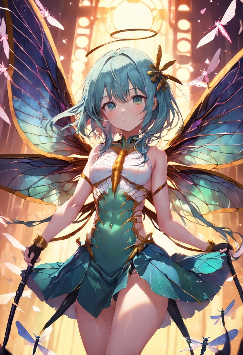 obra prima, melhor qualidade, anatomicamente correto, aspecto de capa de anime, (1 mulher alada), dragonfly wings, orelhas pontudas, fada, graciosa