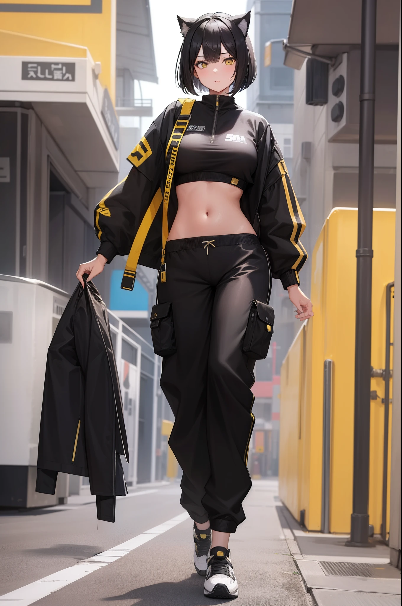 1 girl, bob haircut, cat ears, black hair ,yellow eyes, black and yellow tracksuit, looking at viewer, long track pants, full body, stomach showing, adult, wide hips