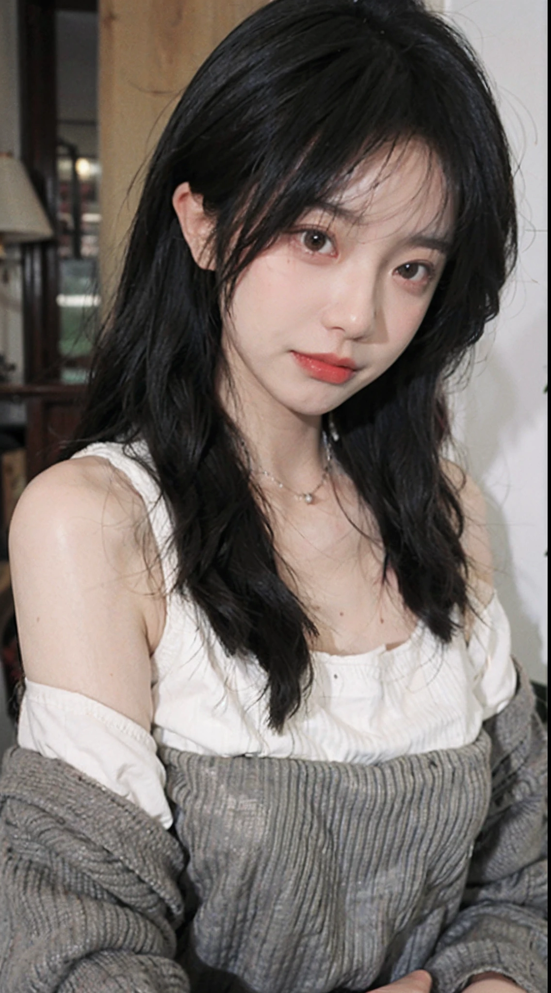 best qualtiy， 超高分辨率， （realisticlying：1.4），Baoyu Girl，1girll, with long coiled hair，Blushlush，Looking into the distance，nedium breasts，Cropped red sweater，a sense of atmosphere，Beautiful woman with a slim figure:1.4, Pronounced abs，Ultra-fine face，Elaborate Eyes，二重まぶた，choker necklace