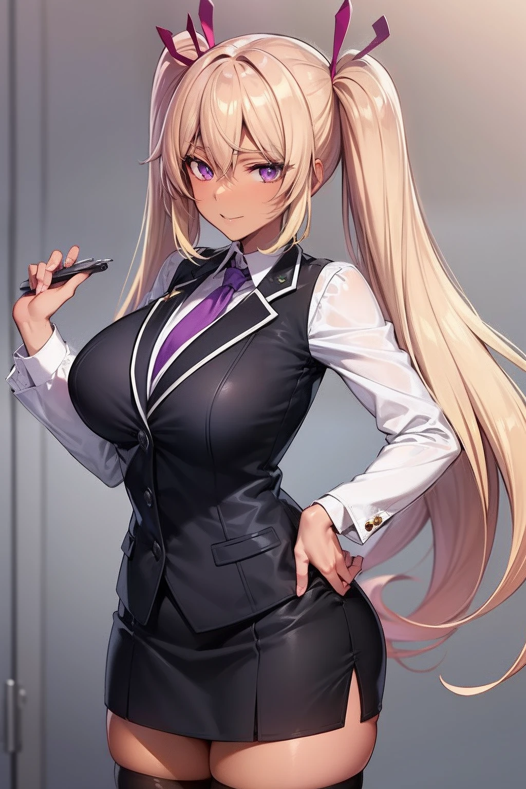 (masutepiece, Best Quality, Ultra-detailed), 1girl in, Purple eyes, Blonde hair, Dark skin, Twin-tailed, ((White blouses))、((Wearing a suit))、((Stockings))