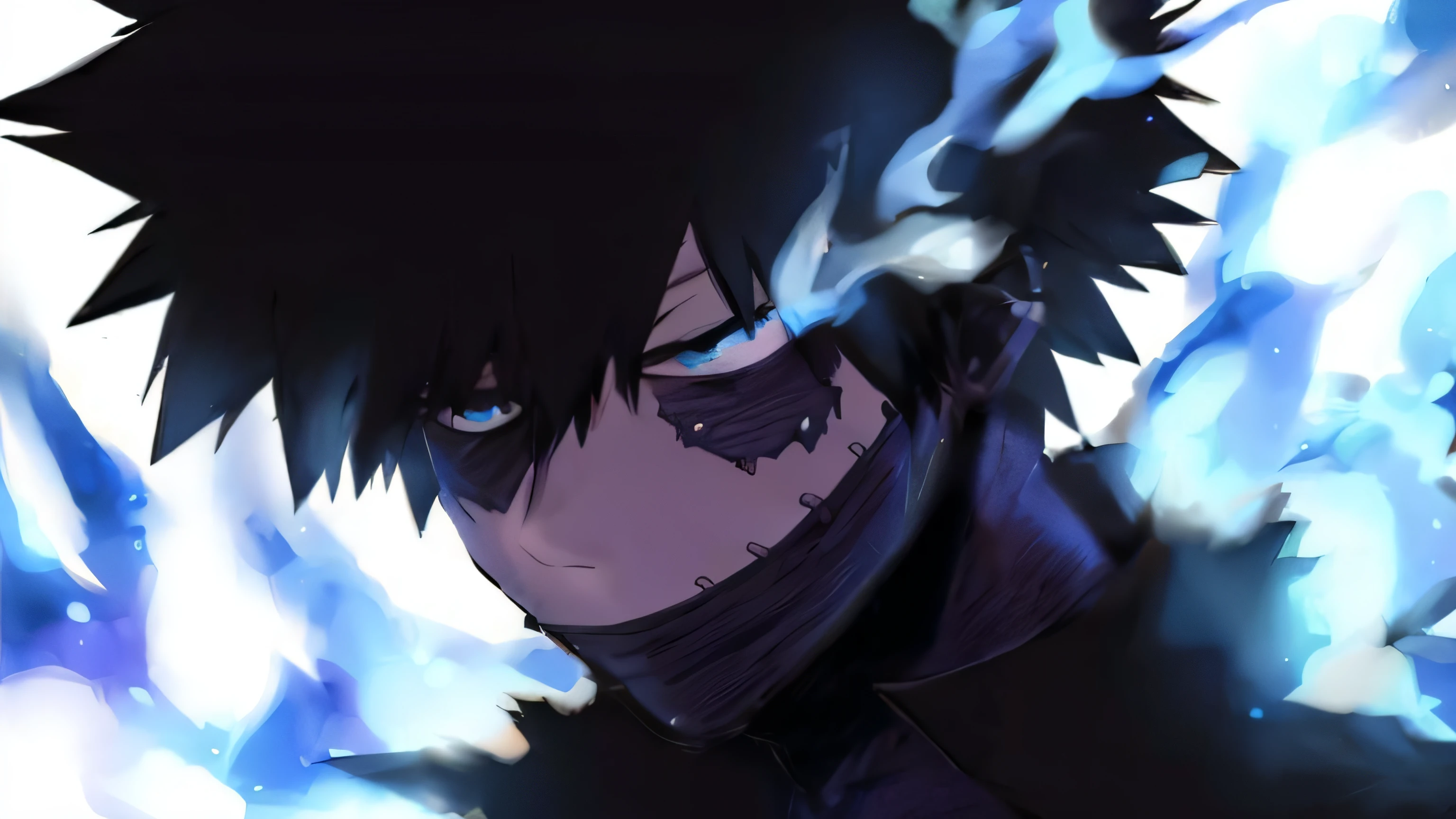 (obra - prima), dabi, my hero academia, (melhor qualidade), cabelo preto, fogo azul, pele queimada, realista, rosto detalhado, perfection, hiper realista