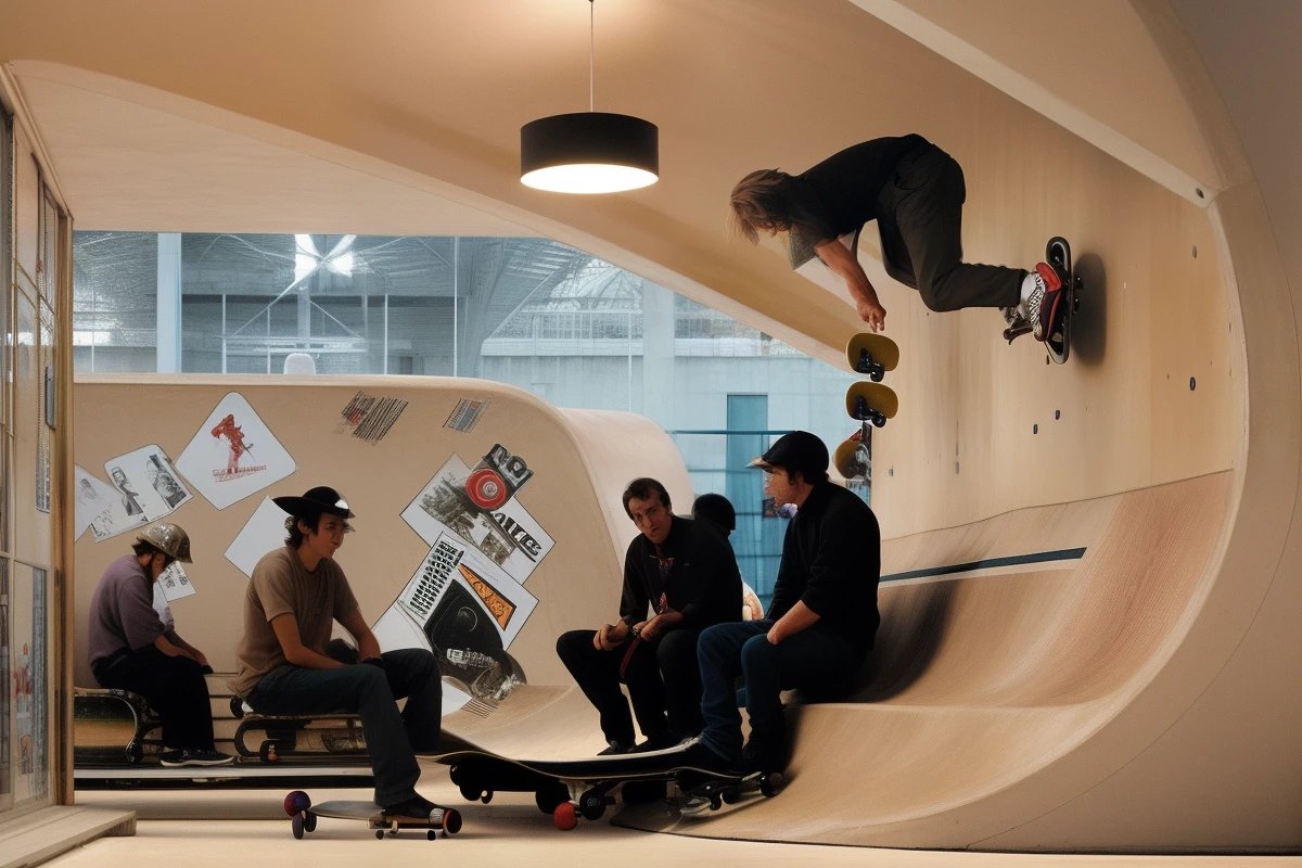 There are people sitting on chairs watching a skater do a trick., Tony Hawk, Estilo de Tony Hawk, Bjarke Ingels, Marc Newson, Extreme Sports Photography, skate, Skatepark, Parque de patinaje, Skateboard art, patineta, Skate style, Tony Hawk llorando, Toma en interior, alucinante, Mind - flexion, interior, Kubrick, Obra maestra del arte