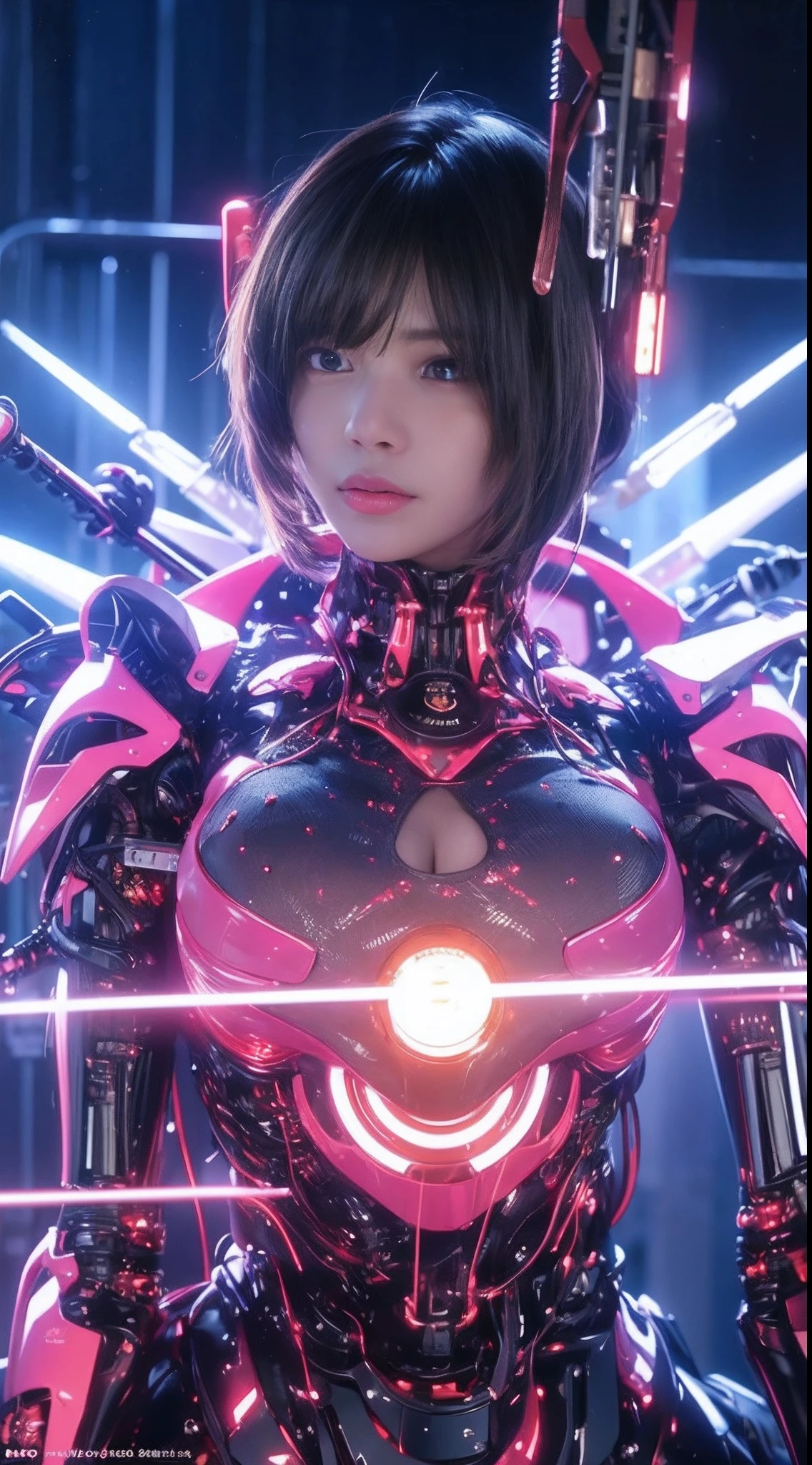 Top Quality, Masterpiece, Ultra High Resolution, (Photorealistic: 1.4), Raw Photo, 1 Girl, Black Hair, Glossy Skin, 1 Mechanical Girl, (Ultra Realistic Detail)), Portrait, Global Illumination, Shadows, Octane Rendering, 8K, Ultra Sharp, Big, Cleavage Exposed Raw Skin, Metal, Intricate Ornament Details, Japan Details, Very intricate details, realistic light, CGSoation trend, purple eyes, glowing eyes, facing the camera, neon details, mechanical limbs, blood vessels connected to the tube, mechanical vertebrae attached to the back, mechanical cervical attachment to the neck, sitting, wires and cables connecting to the head, gundam, small LED lamps,