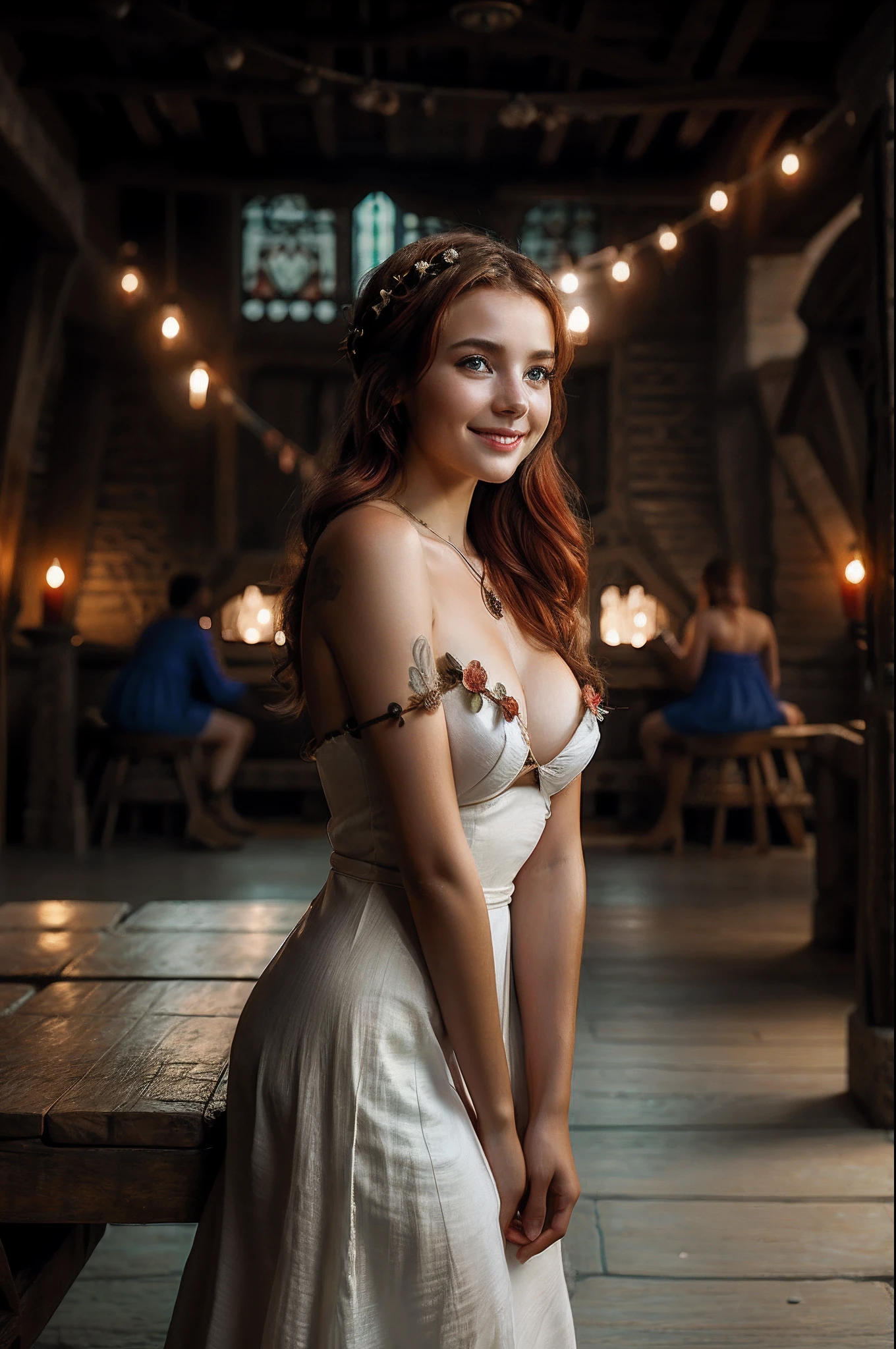 (photo of female citizen:1.3)  1girl, solo, small breasts, looking at viewer, smile, hair ornament, cleavage, dress, bare shoulders, jewelry, collarbone, upper body, red hair, flower, teeth, solo focus, hair flower, necklace, blurry, strapless, tattoo, depth of field, blurry background, (realistic:1.3) crowd, (in a medieval tavern:1.1), 8k, cinematic, fantasy