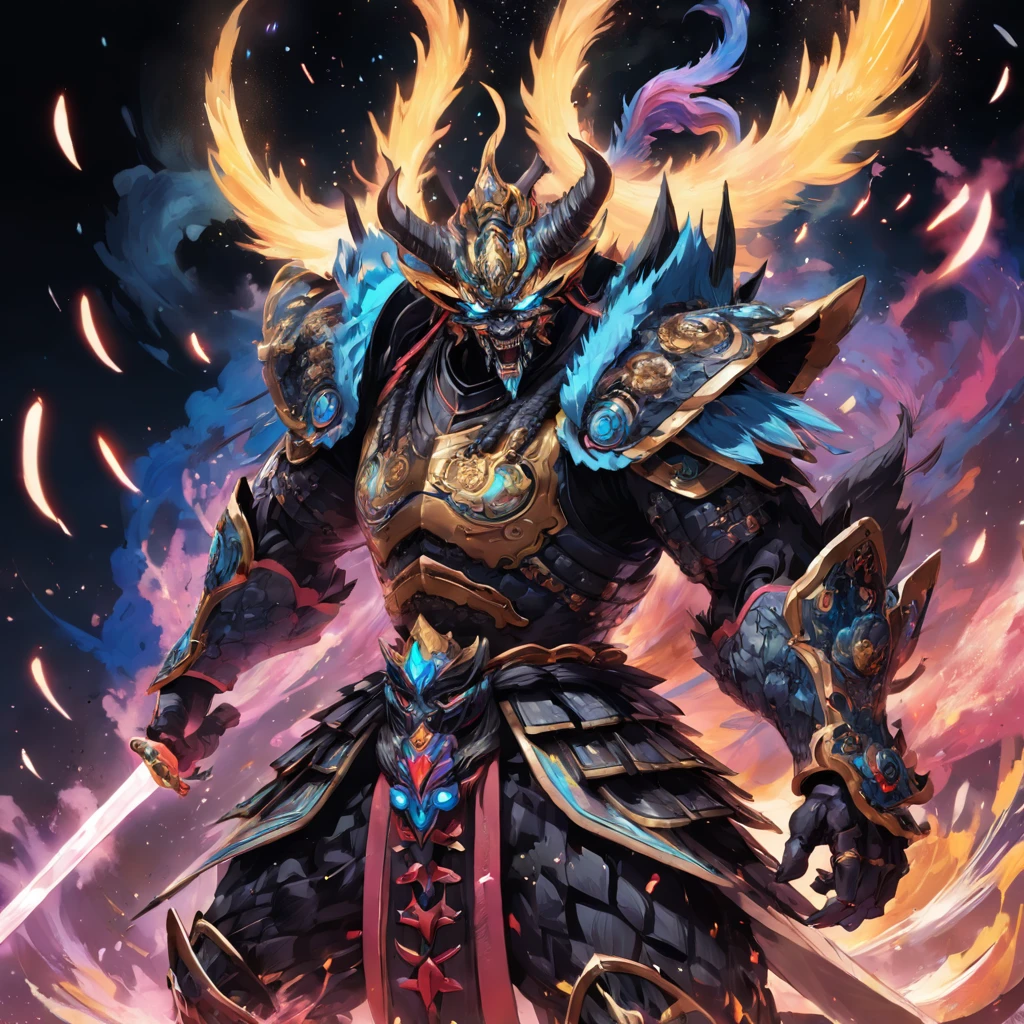 an ugly behemoth masked divinity samurai like creature in action and unleashing an attack against enemies,vincent van gogh style,fw murano style, full body GALAXY armour, plumes of jet black plumes smokes,vibrant colour blast, incredibly detailed, morbid, dark, key visuals, atmospheric, highly realistic, ultra wide epic shot --ar 3:4 --s 750