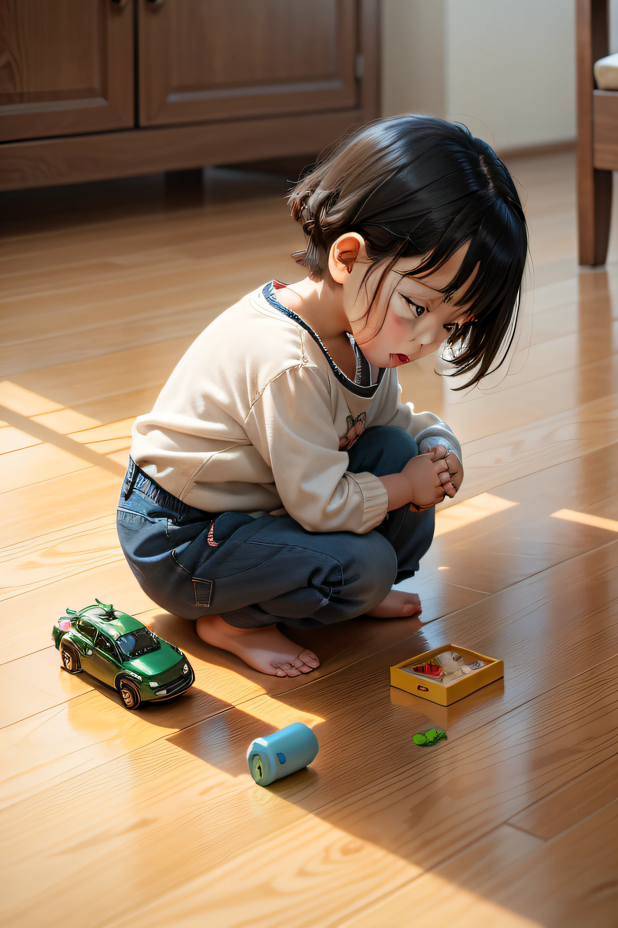 A throws toys on the floor。Mom was angry next to her。
