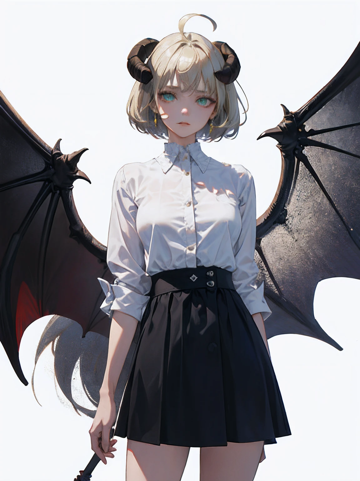 ((masterpiece, best quality)), (1girl), (solo), (female focus), (ahoge, ash blonde hair, short hair), green eyes, ((white shirt), (buttoned shirt)), ((black skirt), (short skirt)), standing, white background, arms behind back, bat wings on the waist, sheep horns, sad eyes, cold facial expression, cold look, pale skin, colour grading, dark illustration, extreme quality, radiant, extremely detailed, ultra-detailed face, ultra hd 8k, ultra digitality, mythical, dark lightning, sleepy eyes, detailed hands