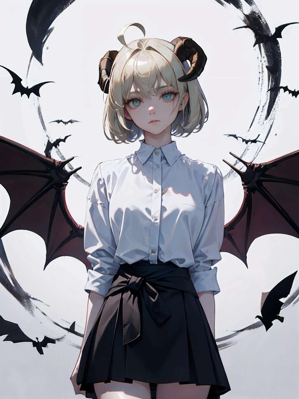 ((masterpiece, best quality)), (1girl), (solo), (female focus), (ahoge, ash blonde hair, short hair), green eyes, ((white shirt), (buttoned shirt)), ((black skirt), (short skirt)), standing, white background, arms behind back, bat wings on the waist, sheep horns, sad eyes, cold facial expression, cold look, pale skin, colour grading, dark illustration, extreme quality, radiant, extremely detailed, ultra-detailed face, ultra hd 8k, ultra digitality, mythical, dark lightning, sleepy eyes, detailed hands