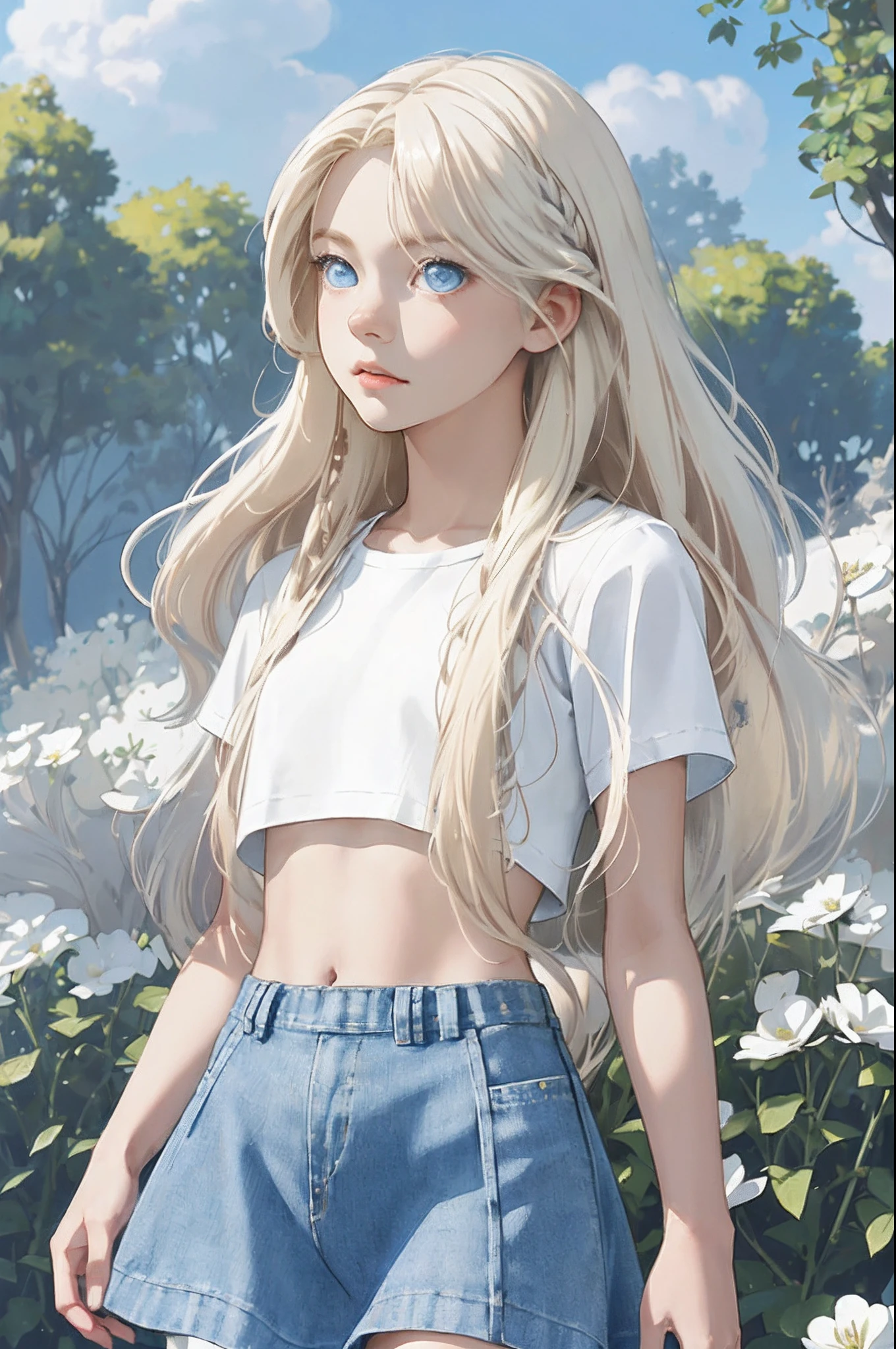 (masterpiece, best quality), ultra high resolution, depth of field, 1 pretty anime girl, 12 years old, finely detailed, high details, high quality shadow, beautifully detailed, (bokeh: 1.5), solo, flower, outdoor, day, sky, cloud, sunlight, white shirt with short sleeves, very short denim skirt, cropped, torso, from the side, blue sky, (highly detailed skin, skin details), watching viewer, long blonde hair, parted lips, petite breasts, flat stomach,  Long Hair (Platinum Blonde Hair:1.5), ((Blue Eyes)), Art by Makoto Shinkai, Anime Moe Artstyle, Digital Art on Pixiv, Azur Lane Style