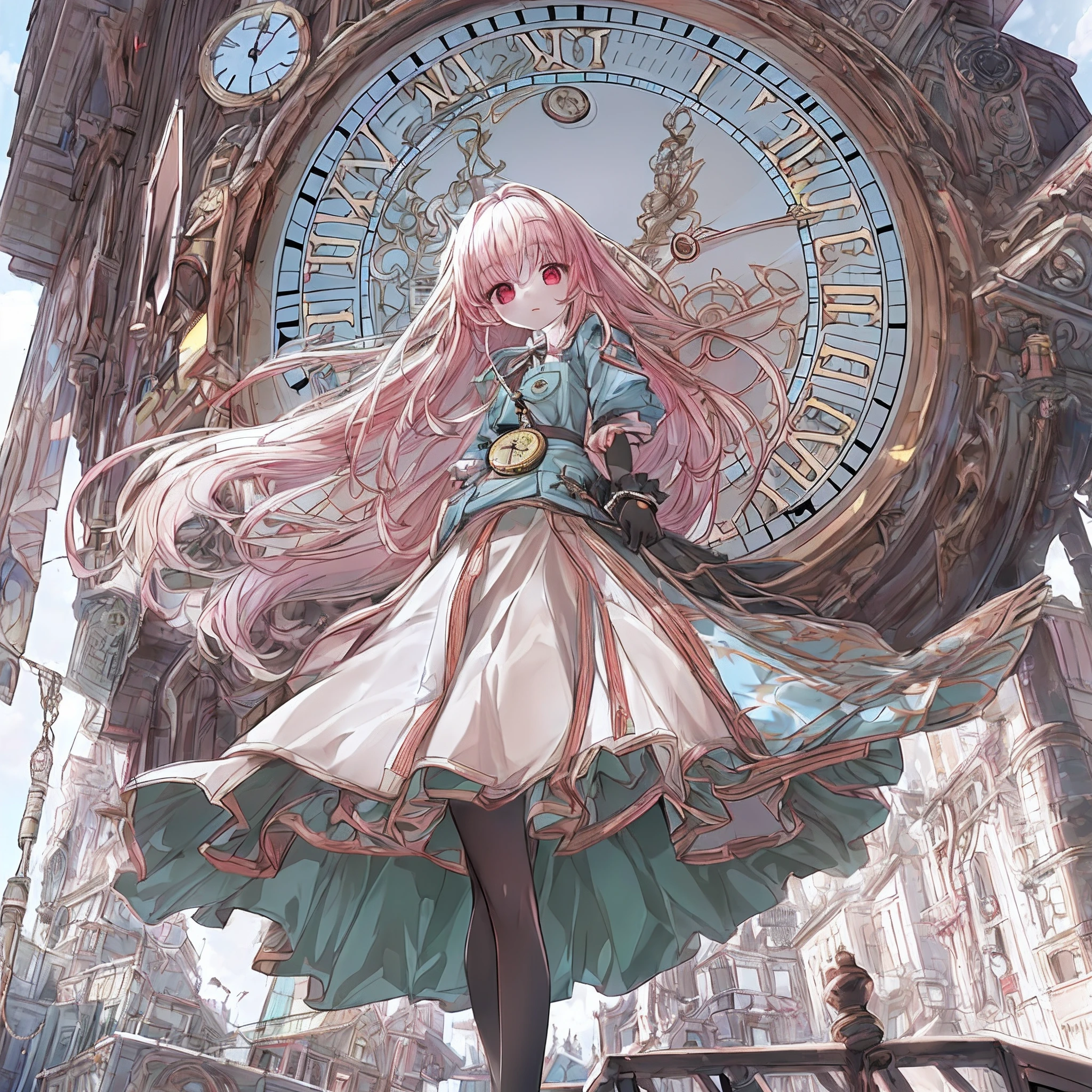 absurderes, hight resolution, (Anime style:1.1), ((masutepiece)), ((Best Quality)), (Ultra-detailed), (Beautiful), 独奏, Beautiful face、(liftup),ar old、tails of many models々A city lined with clocks:1.4)、alice in the wonderland、(Cute girl in Alice in Wonderland costume:1.4)、Pink colorful hair, Red Eyes,Looking at Viewer,Lens Flare,Dramatic, Skirt lifted by the wind、from the rear、full body Esbian、(Low position,From below:1.5)、(Have a pocket watch:1.4)