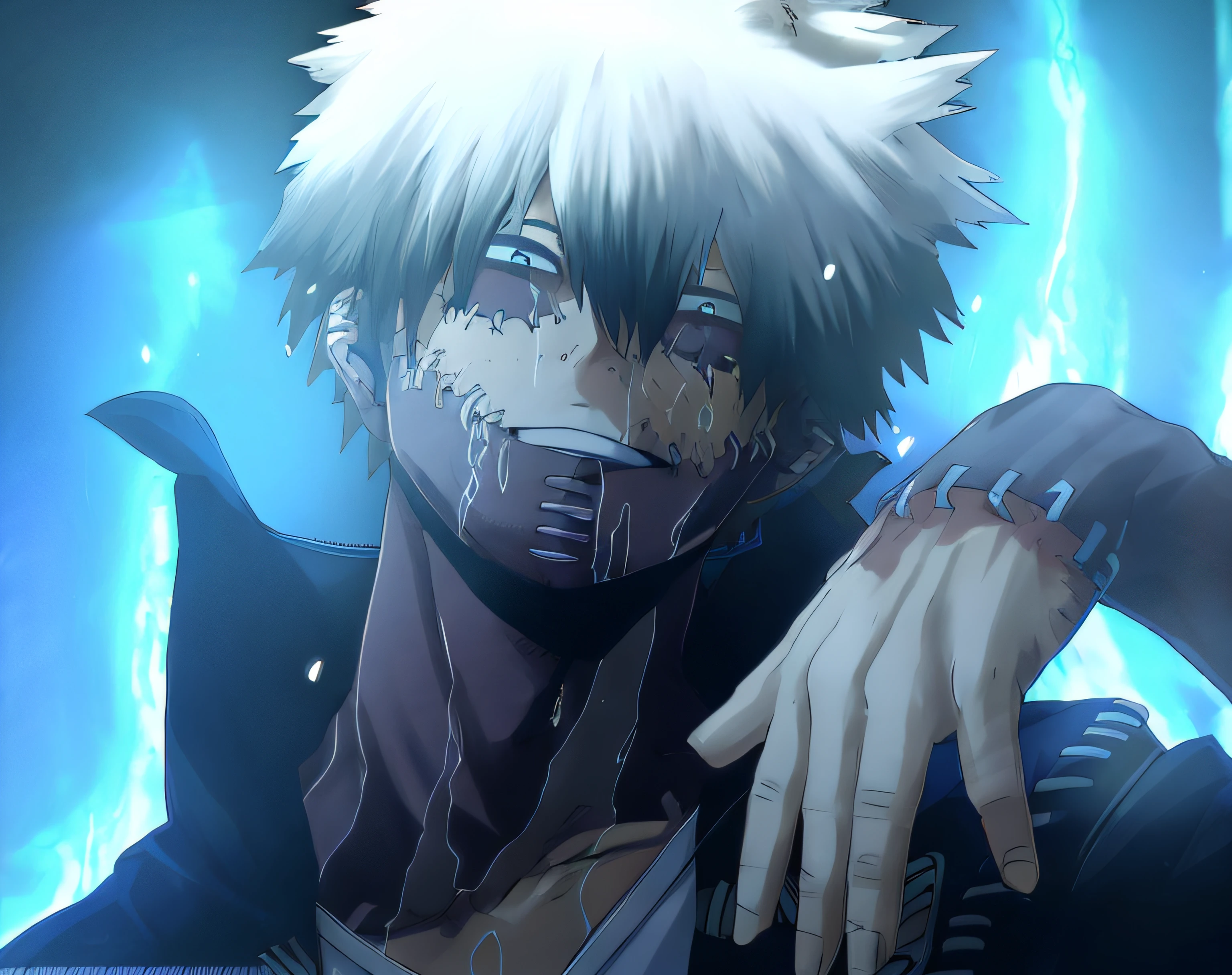 (obra - prima), dabi, my hero academia, (melhor qualidade), cabelo preto, fogo azul, pele queimada, realista, rosto detalhado, perfection, hiper realista