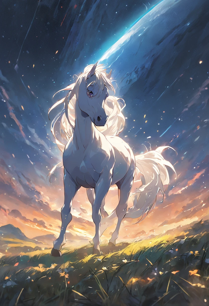 cavalo branco, no campo ensolarado