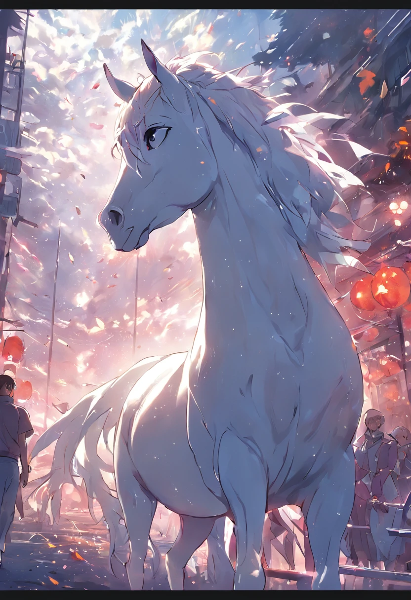 cavalo branco, no campo ensolarado