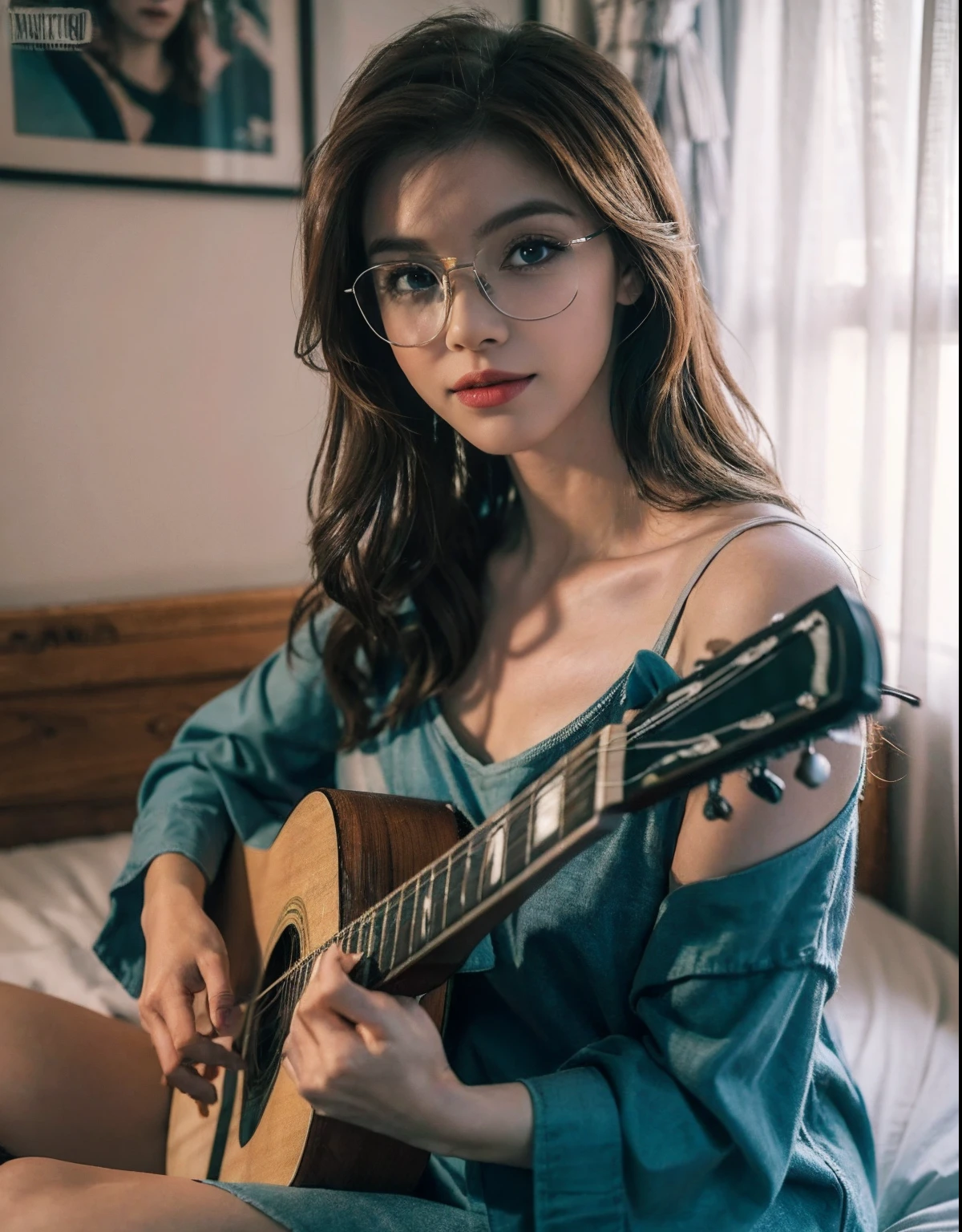 absurdres, foto RAW, mais alta qualidade, (obra-prima: 1.3), foto de cor RAW de alto detalhe, foto profissional, unidade de papel de parede CG 8k extremamente detalhada, foto-realista, realista, foto RAW, obra-prima, melhor qualidade, highres, illustration, 1girl, 19 ANOS, baixinha, tiny girl, magra, branca, ruiva, cabelo vermelho vivo, cabelo ruivo longo, cabelo liso, curly hair, Average length, cabelo preso, pernas finas, rosto lindo perfeito com sardas, cardune lips, belos olhos realistas, olho direito verde, olho esquerdo azul, heterocromia, pale skin, textura de pele detalhada, seios muito grandes, seios muito gigantes, bunda pequena. Rosas vermelhas tatuadas nos ombros, tattoos of pagan symbols on the forearms and hands. Corpo magro, esguio. Ruiva. Sorriso. Saindo do banho. Suada. Fazendo sexo oral. Estilo bruxa. Pagan style, Celtic, wiccan. Escocesa. (Sitting on the bed), (((playing guitar))). She looks amazing. (metal glasses, colar com pingente de pentagrama, design detalhado), cama, quatro luxuoso, noite.
