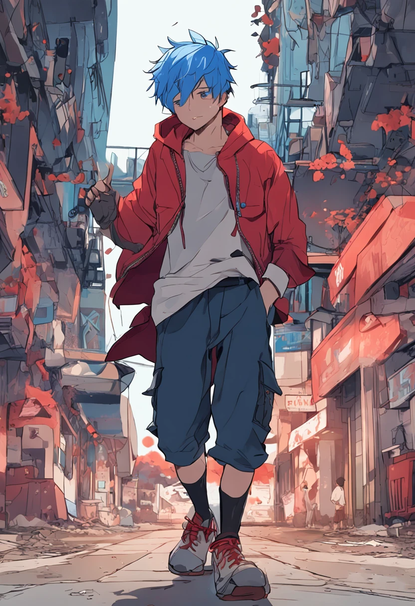 Anime boy with a blue hair and a red T shirt names FLEO