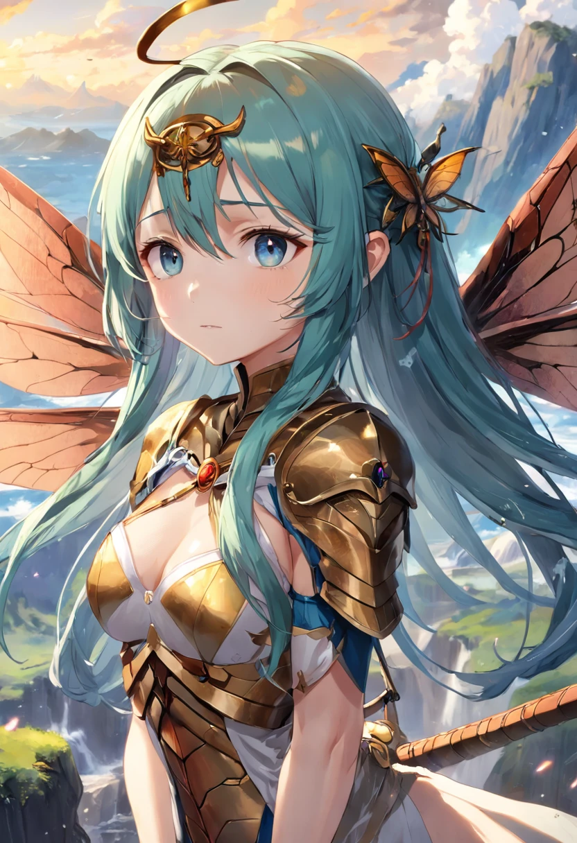obra prima, melhor qualidade, anatomicamente correto, aspecto de capa de anime, (1 mulher alada), dragonfly wings, (asas nas costas), orelhas pontudas, fada, graciosa, Medieval heroine