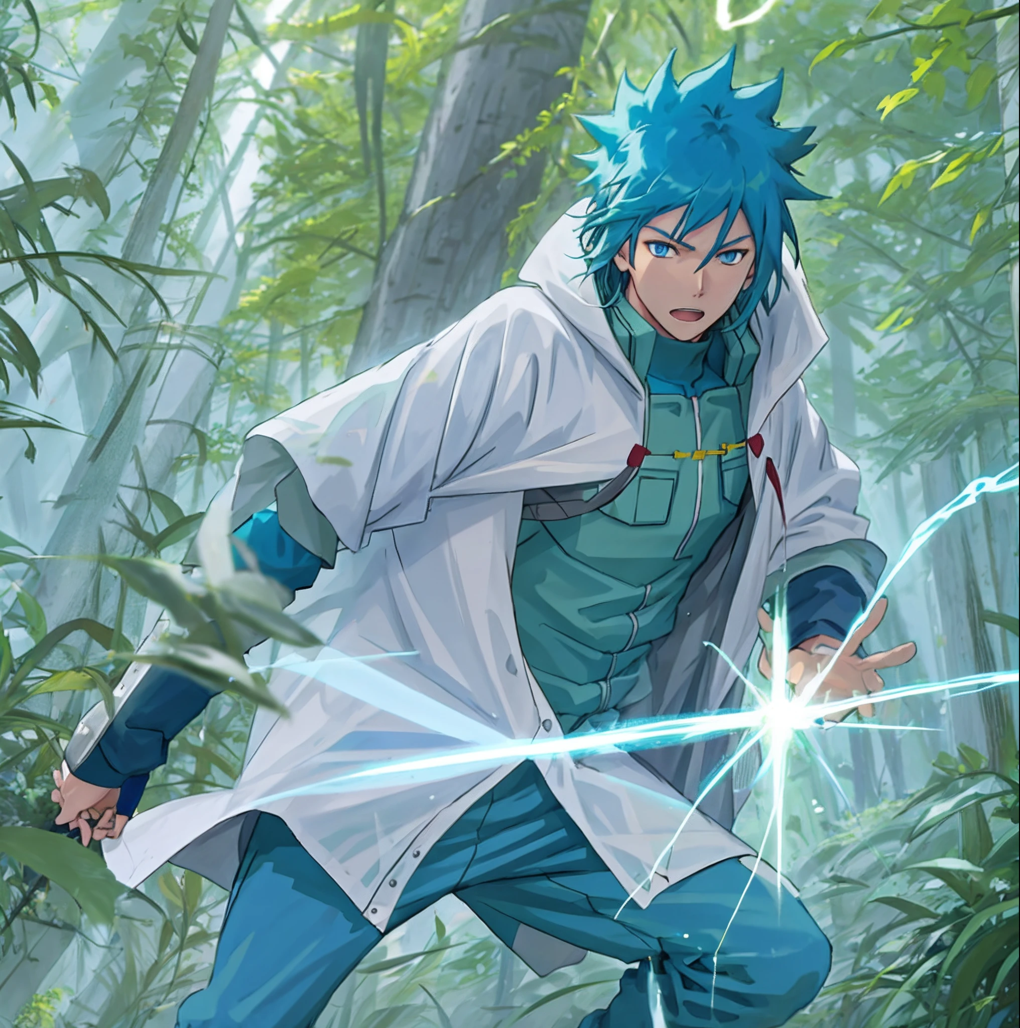 1man,spiked hair sky blue hair, ,green body armor,forehead protector,white short sleeve raincoat, forest, yellow lightning, night, blue eyes, action pose
