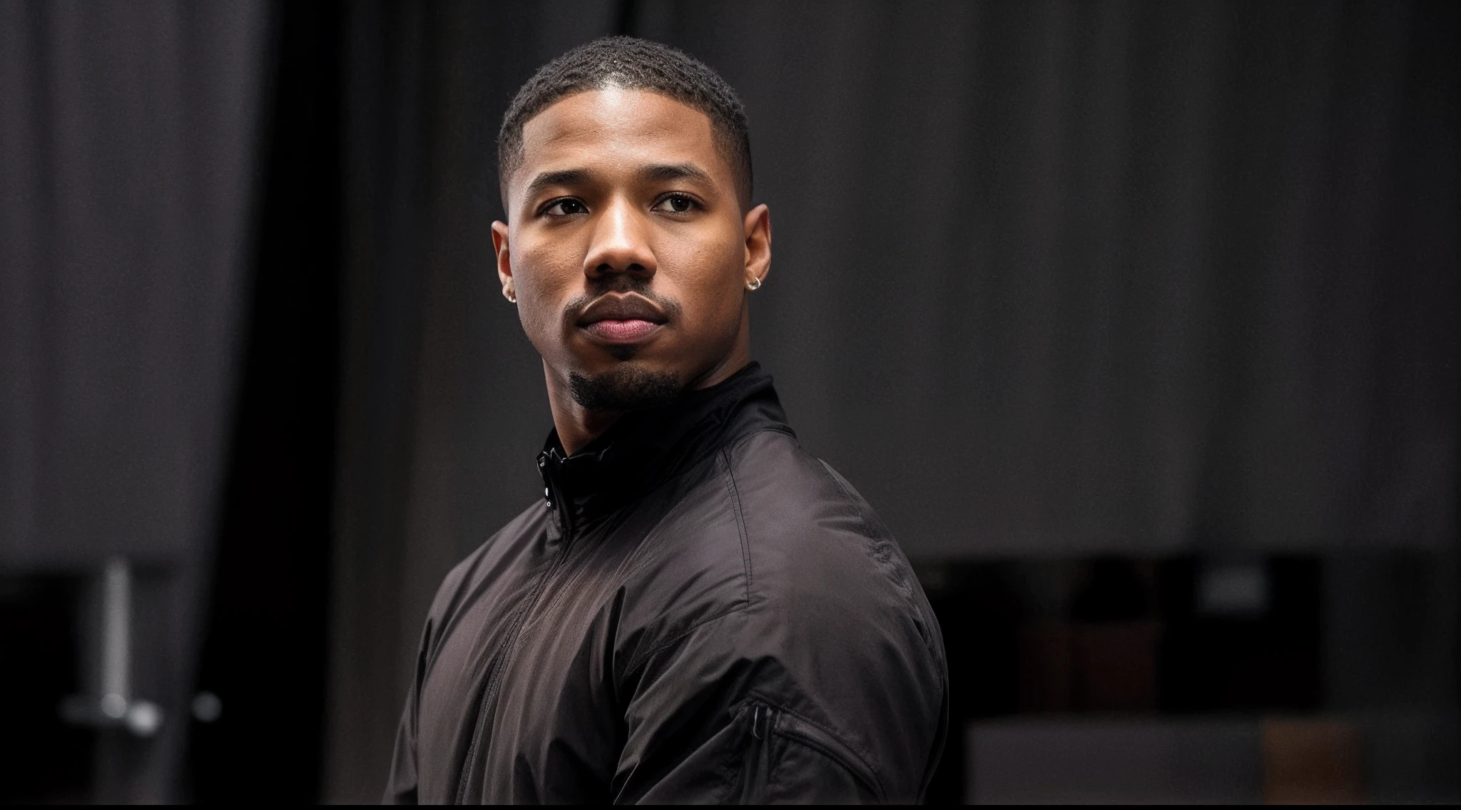 Man in black jacket standing in front of a curtain, fan favorite, olhar intenso, foto do perfil, imagem promocional, Fevereiro), taken in the early 2020s, olhando para o lado dele, looking serious, fim de uma era, QG, imagem de perfil, ator, promo ainda, !!Beautiful!!, morning hard light, Fanart, realista, Hiper realista, 8k, michael b jordan